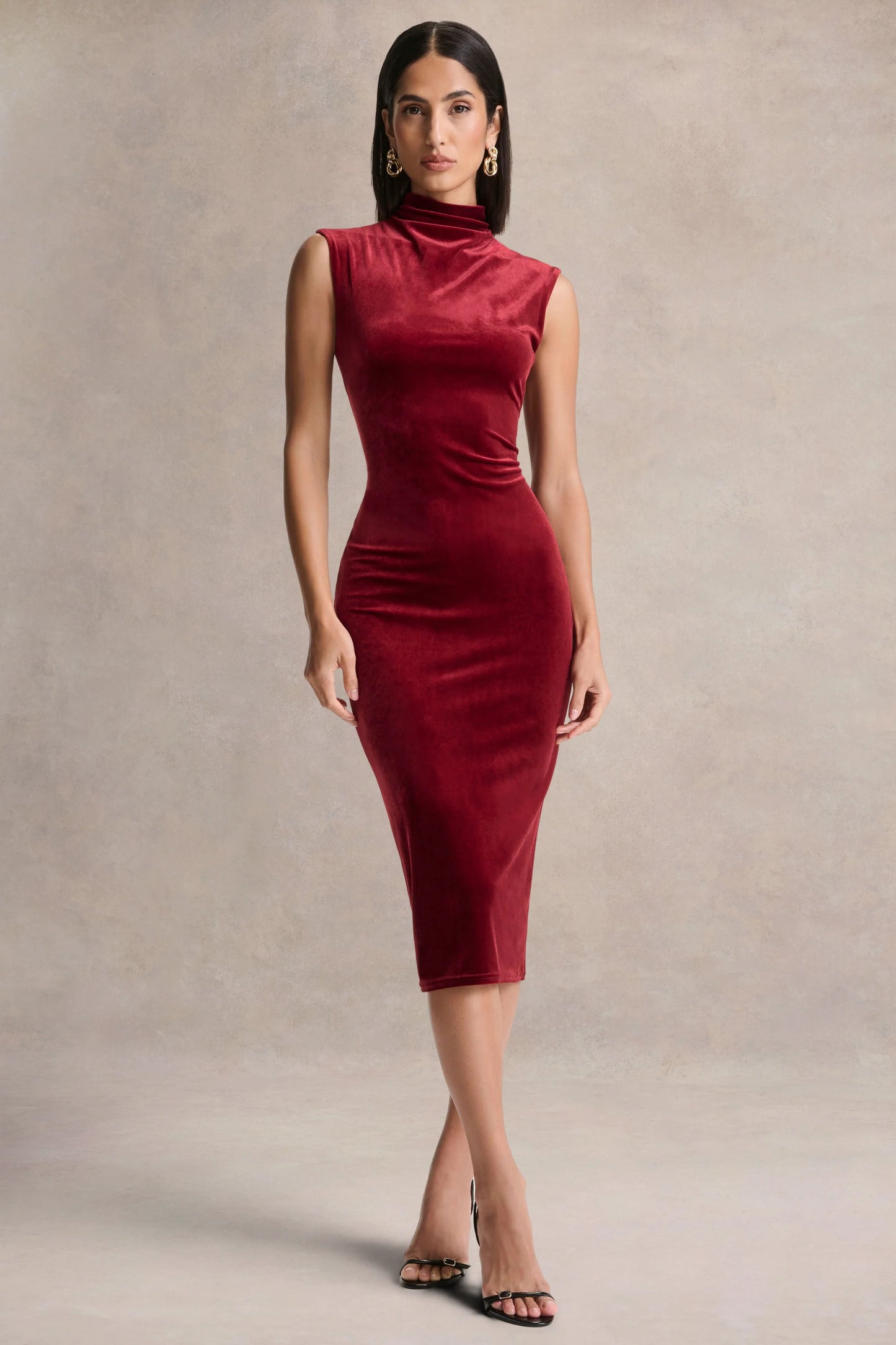Nivina Red Velvet High-Neck Midi Dress With Cap-Sleeves