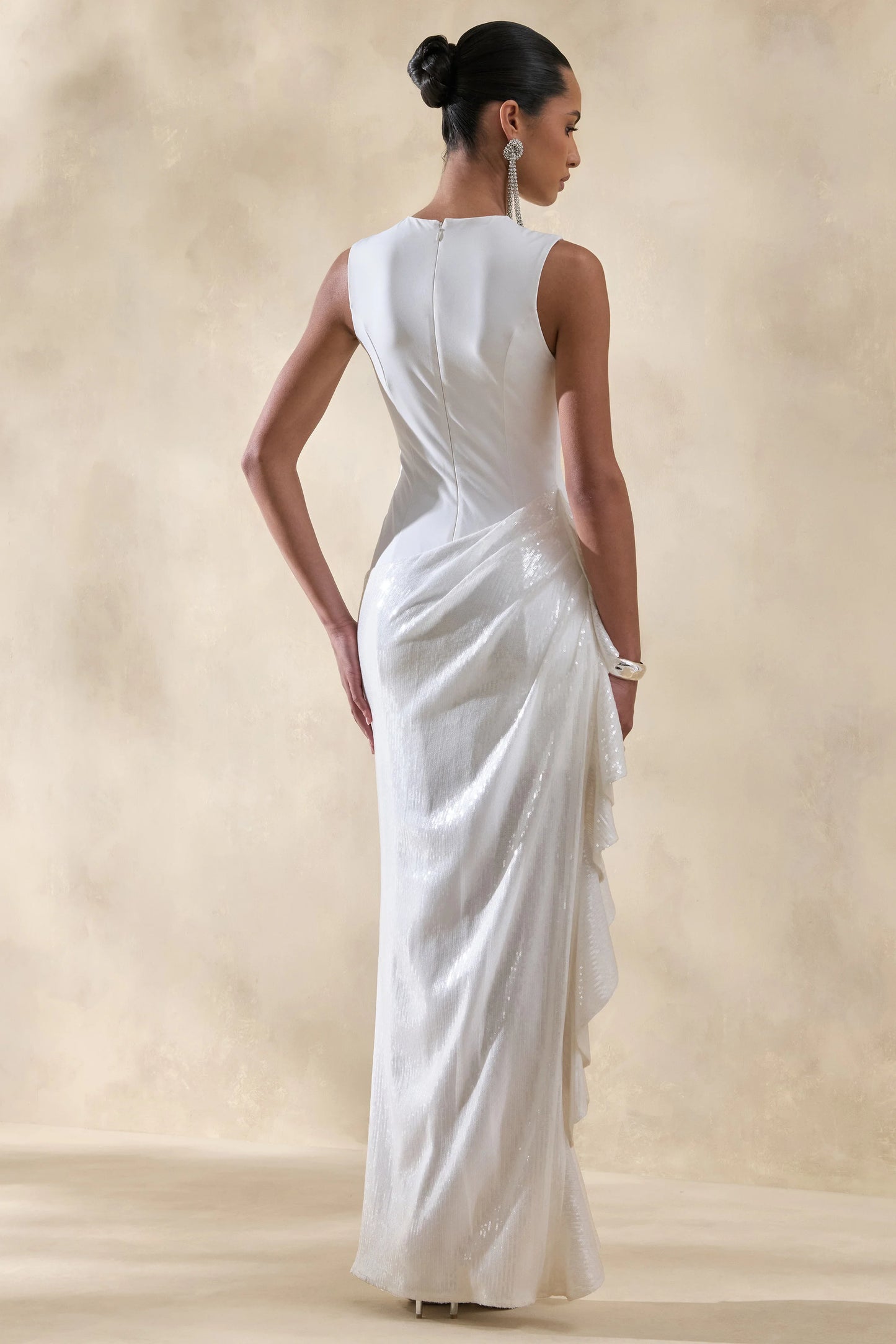 Ada White Crew-Neck Maxi Dress With Sheer Skirt And Ruffled Detailing