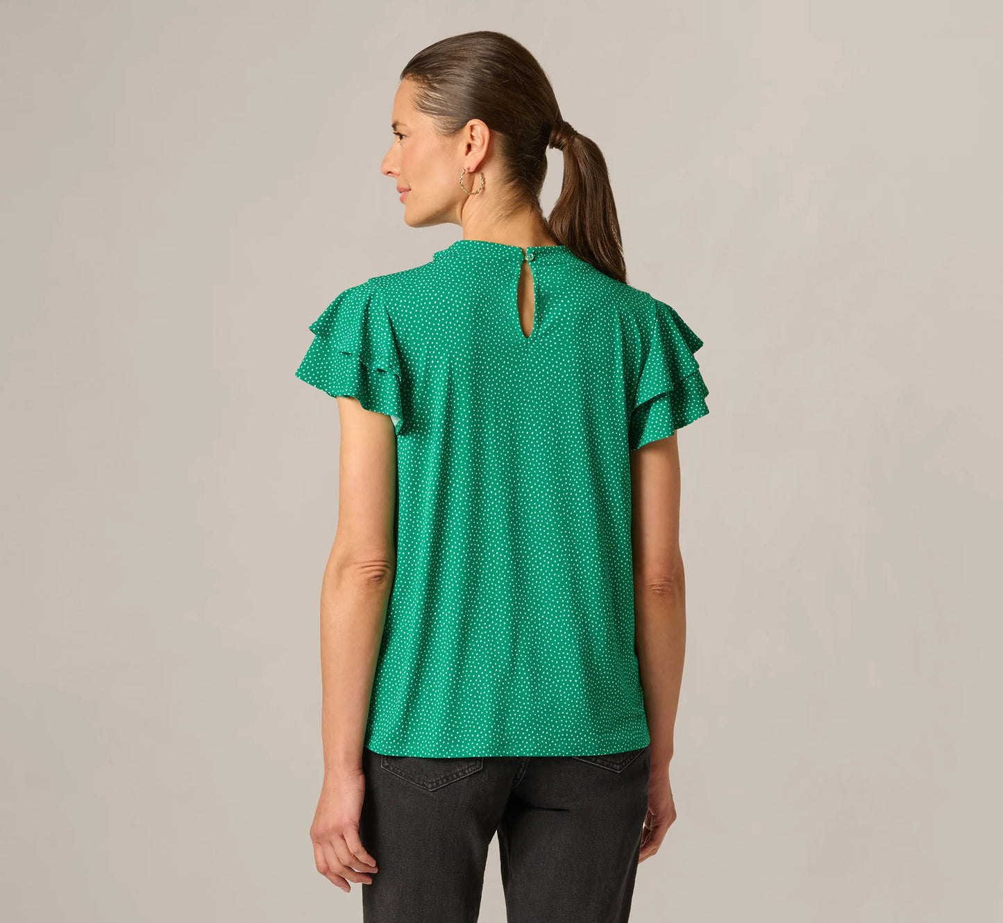 Double Flutter Sleeve Ruffle Neck Top In Vivid Green Broken Dot
