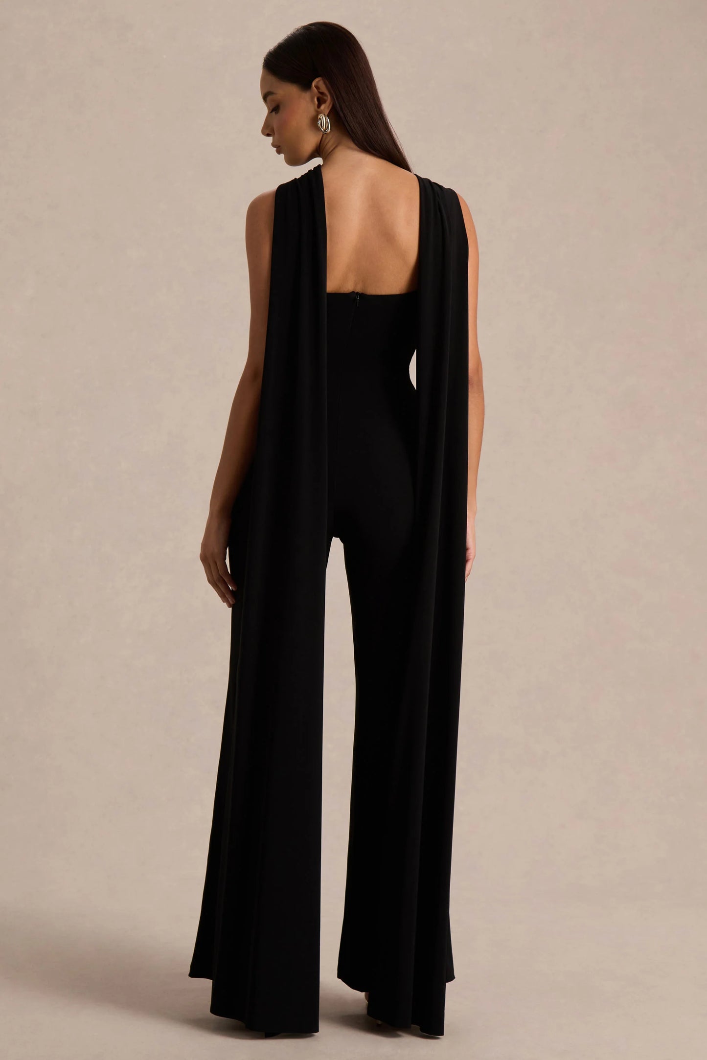 Mindy Black Twist Halter-Neck Jumpsuit With Cape