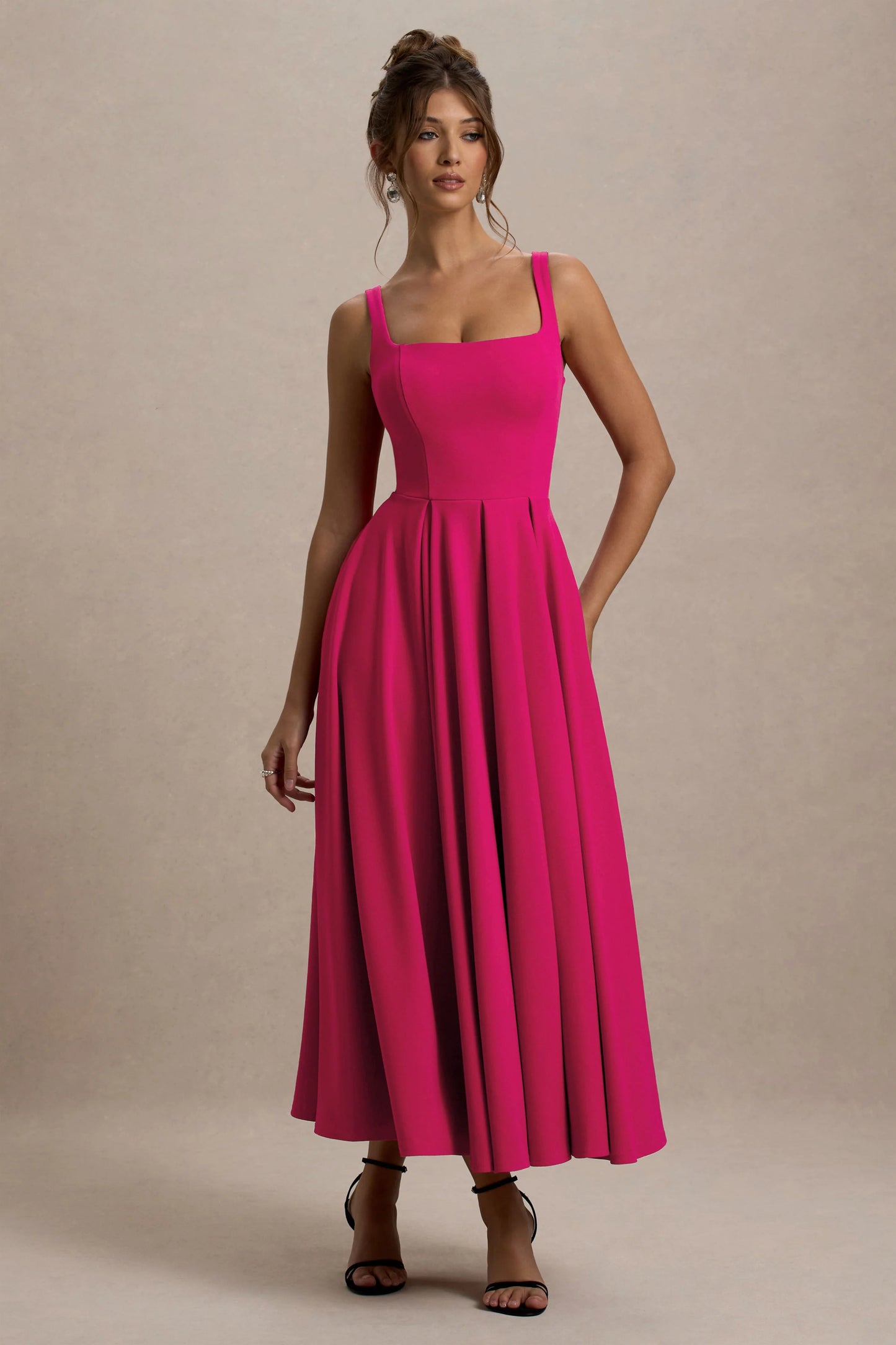 Parina Hot Pink Strappy Volume-Hem Midi Dress