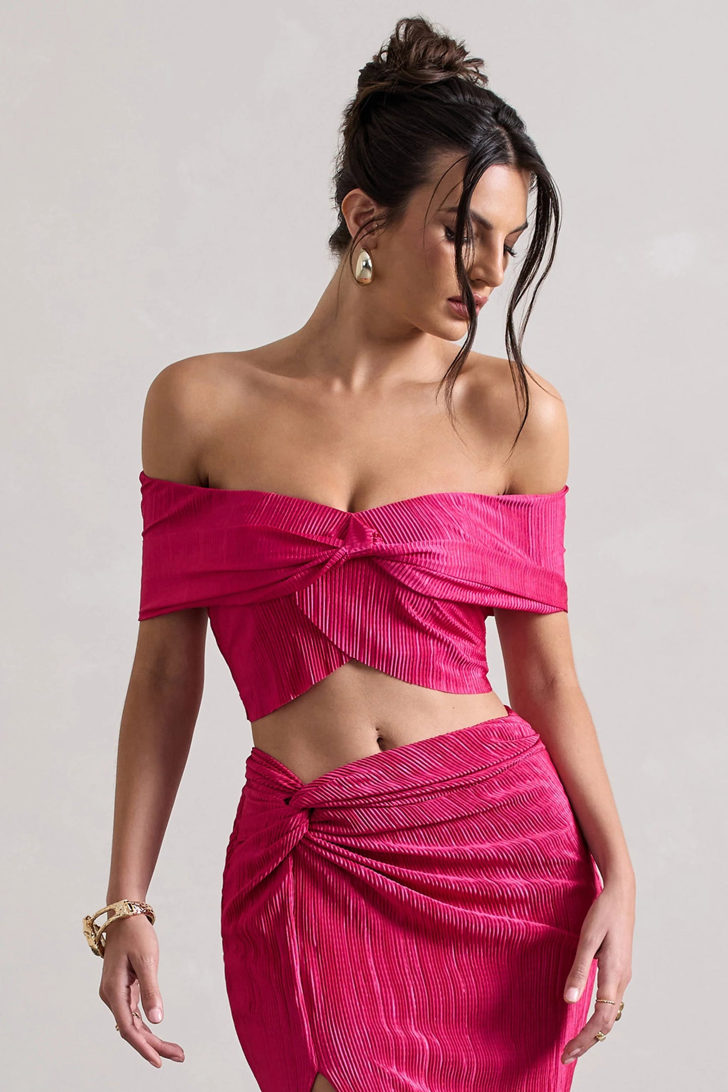 Seara Hot Pink Plisse Twisted Bardot Crop Top