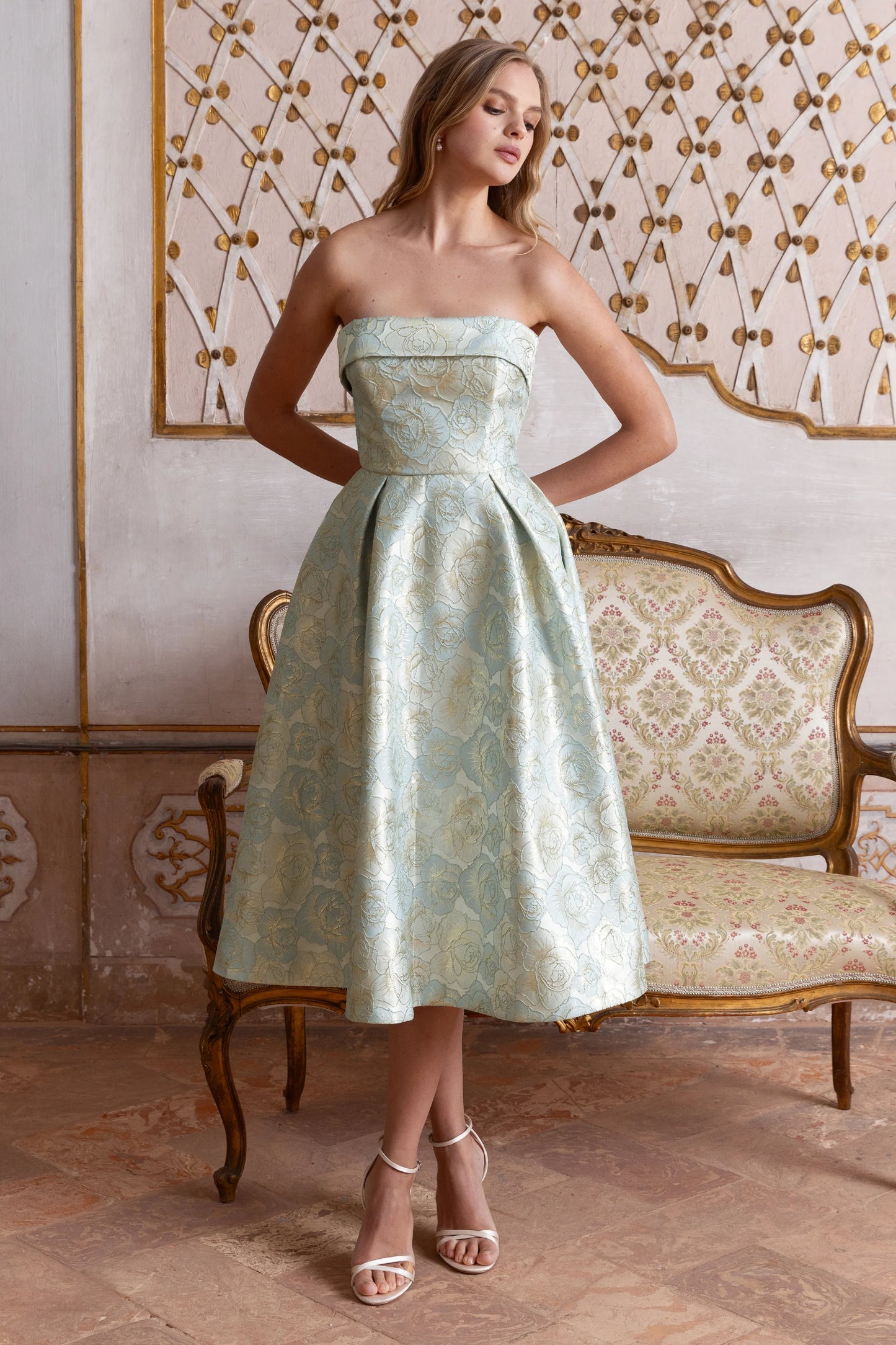 Tori Powder Blue Jacquard Bandeau Skater Midi Dress