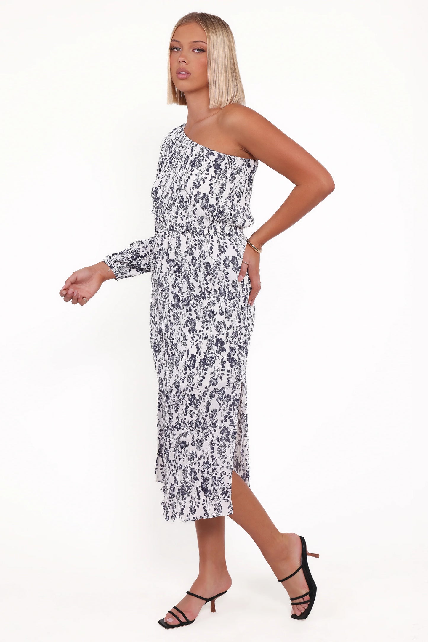 Pontee One Shoulder Pleated Midi Dress - Navy Floral