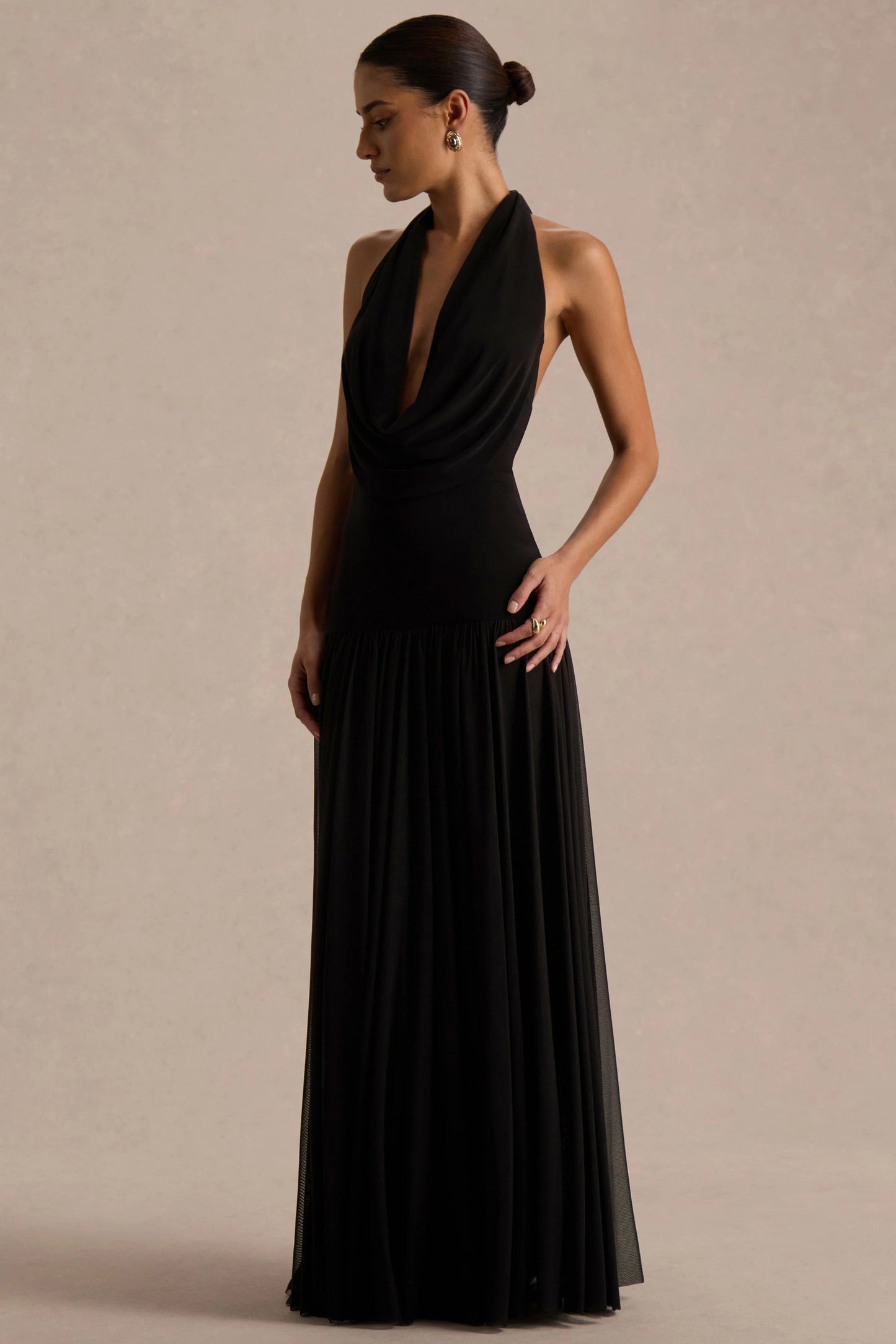 Verity Black Cowl-Neck Maxi Dress With Sheer-Skirt