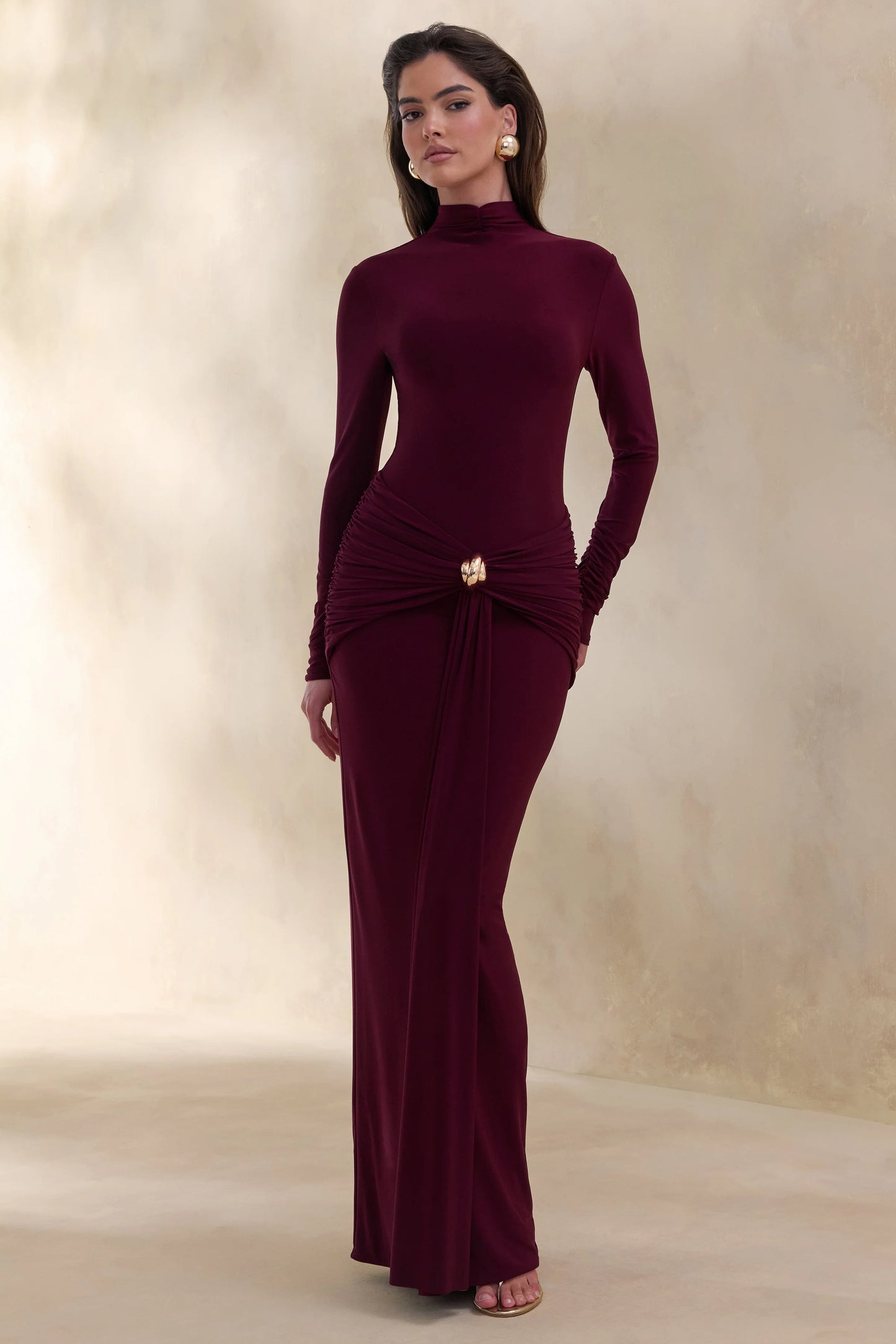 Ambrette Dark Plum High-Neck Maxi Dress With Gathered-Detailing