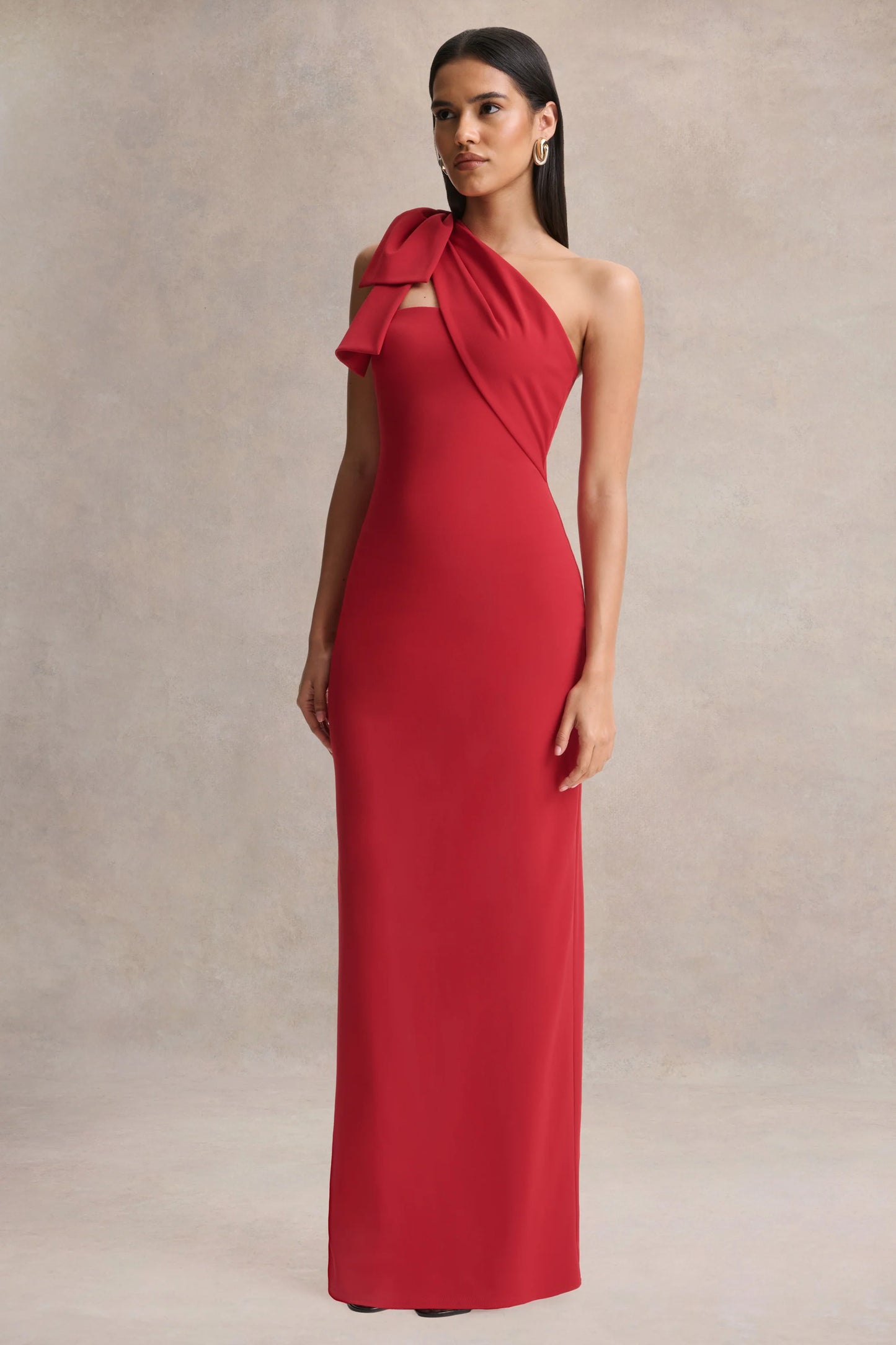 Adara Red Asymmetric-Neck Maxi Dress With Bow-Detail