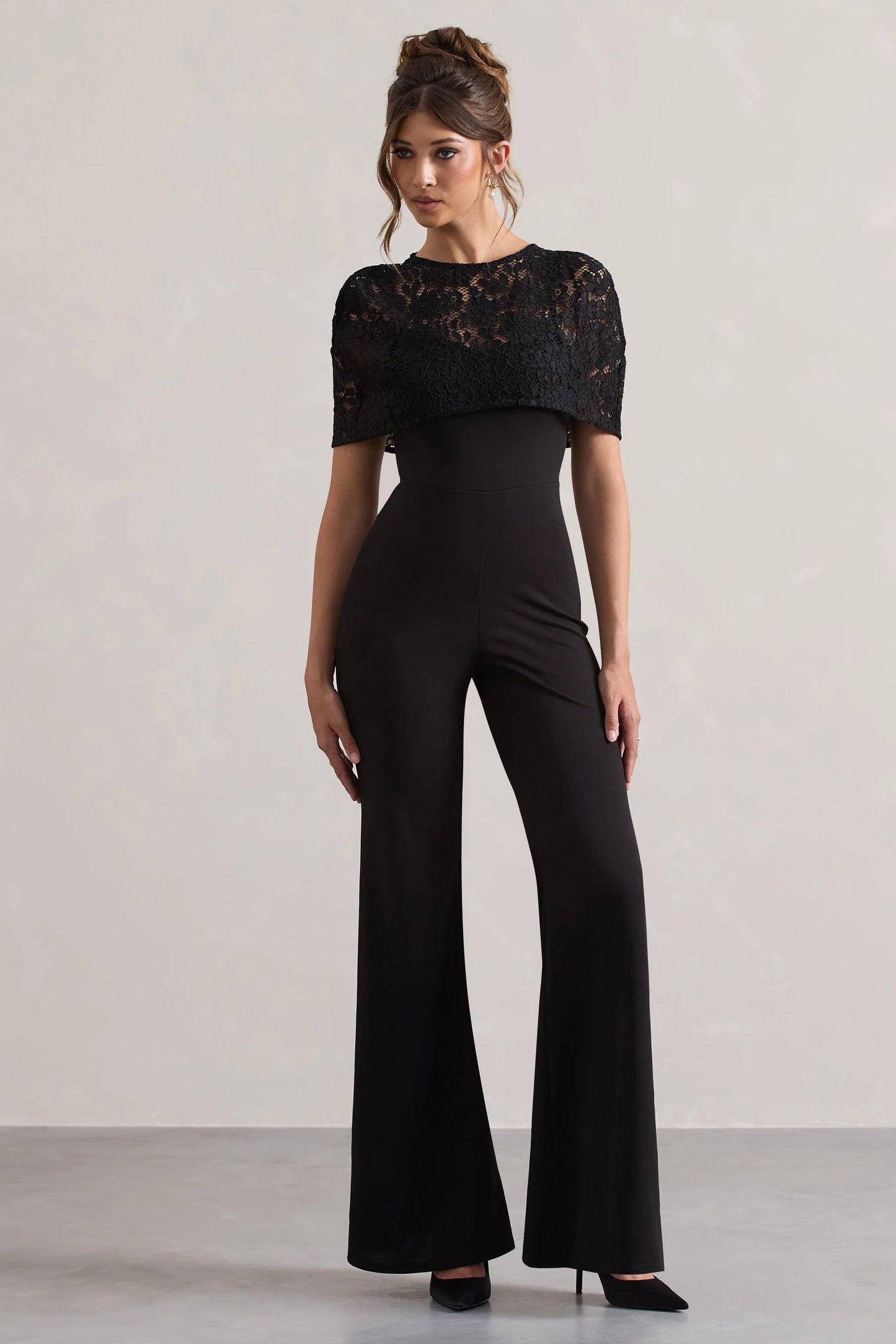 Endless Black Flared-Leg Jumpsuit With Lace Overlay