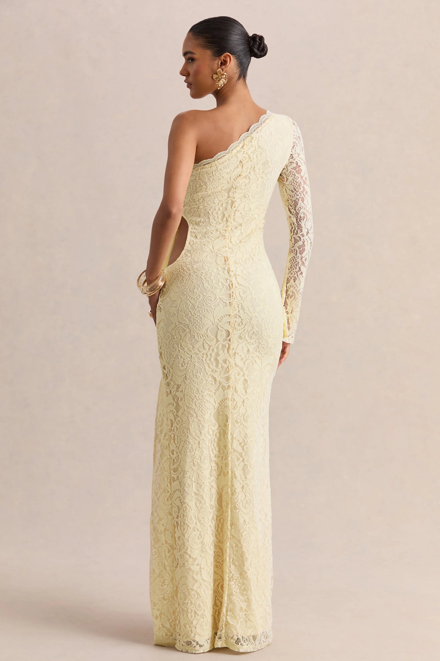 Norna Lemon Lace Asymmetric-Neck Maxi Dress With Cut-Out And Bow Details