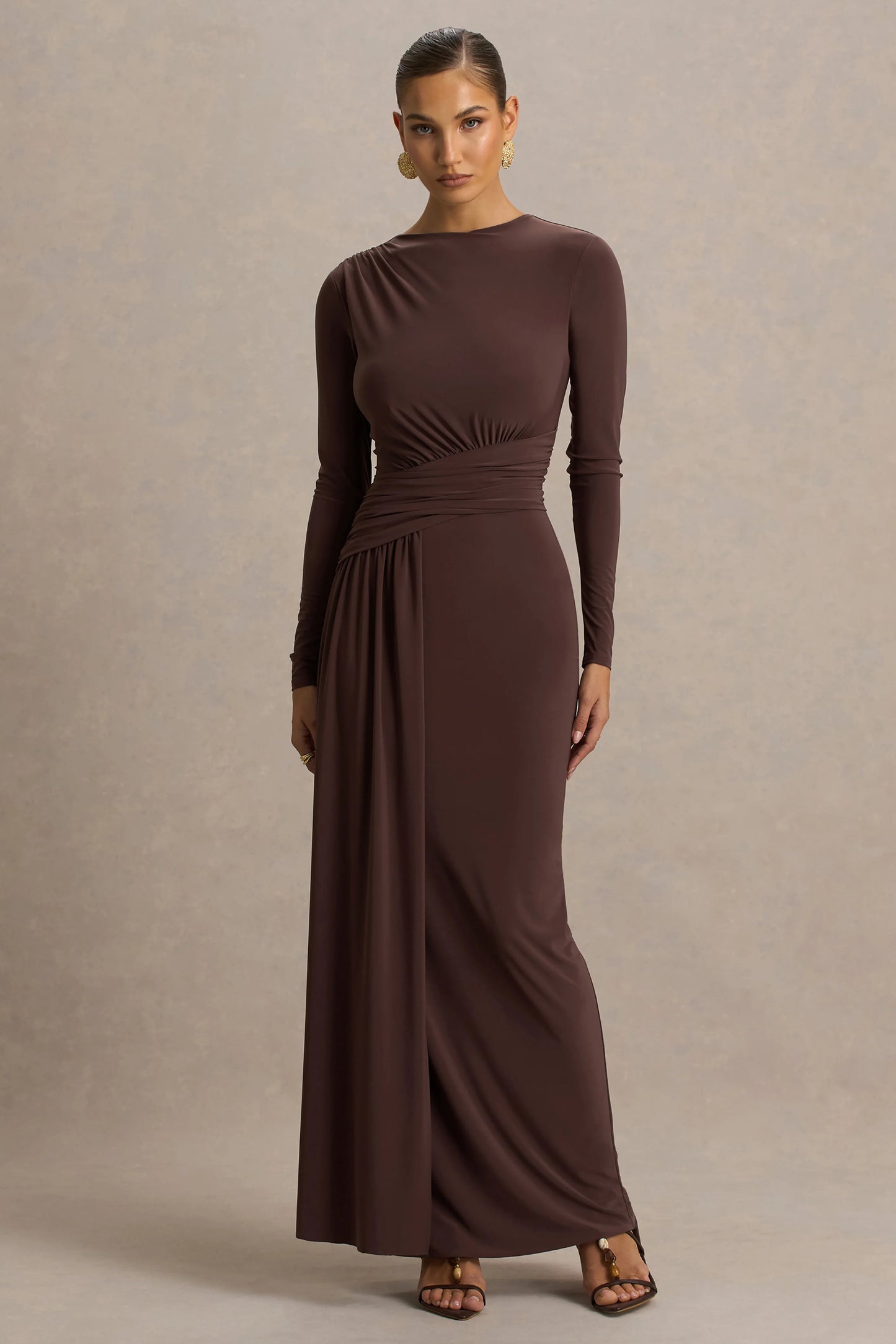 Virelle Brown Boat-Neck Maxi Dress With Wrap Detail And Sash