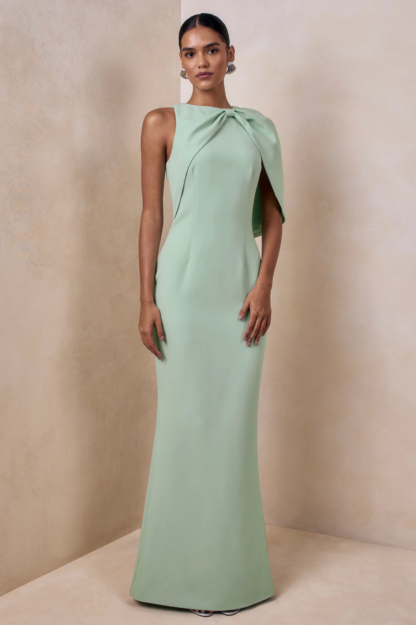 Quira Mint Asymmetric-Neck Maxi Dress With Cape-Sleeve