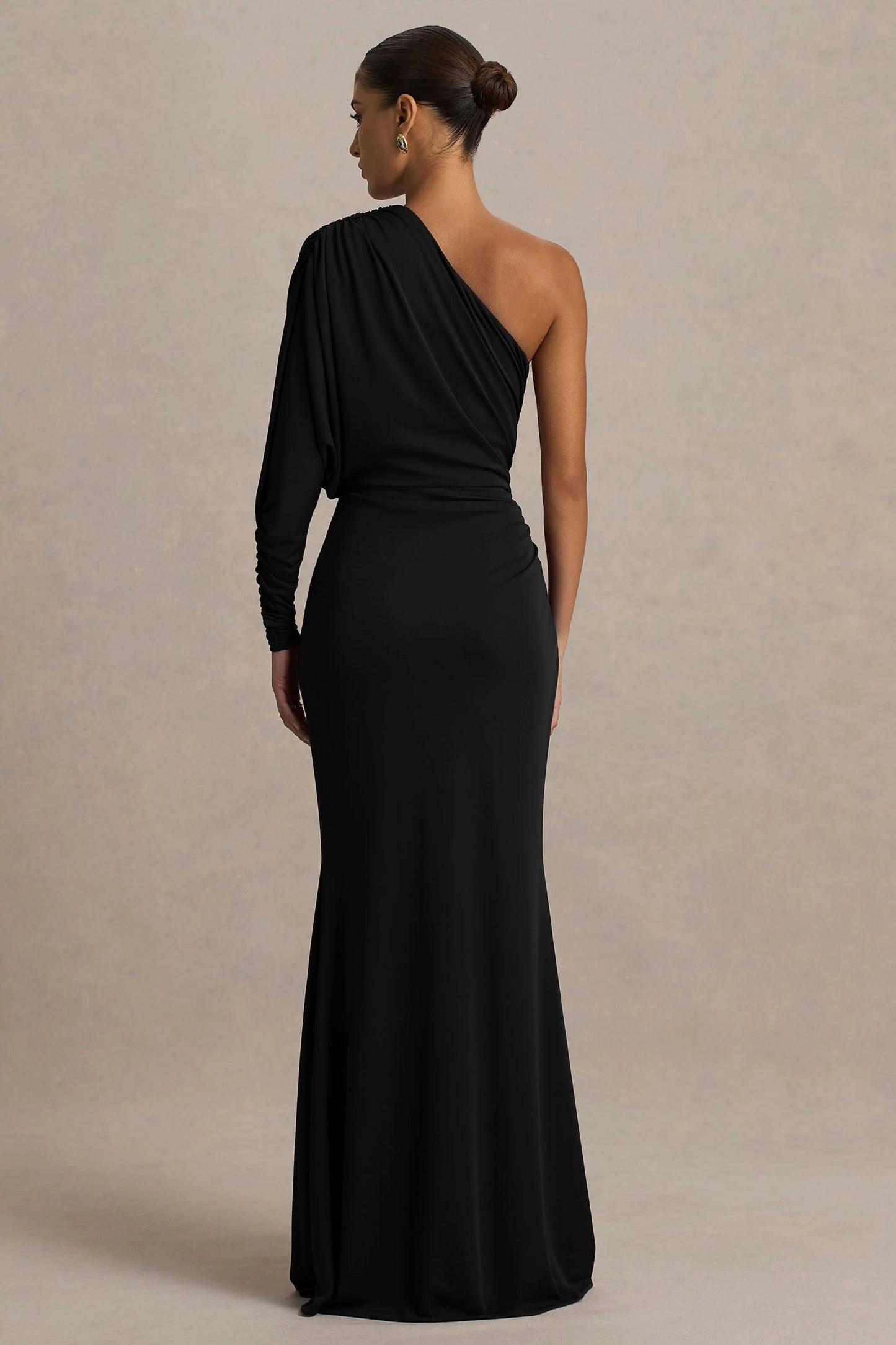 Lola Black Asymmetric-Neck Maxi Dress With Ruched Detailing And Front High-Split