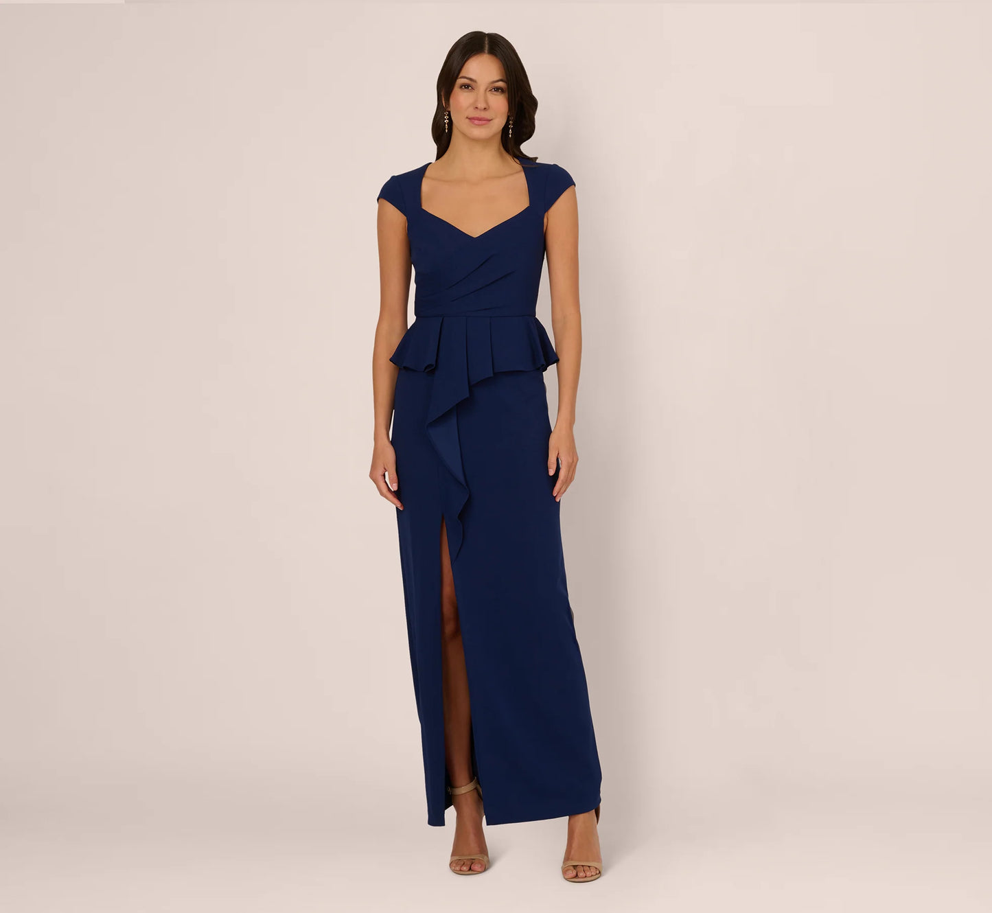 Cap Sleeve Draped Peplum Gown In Navy Sateen