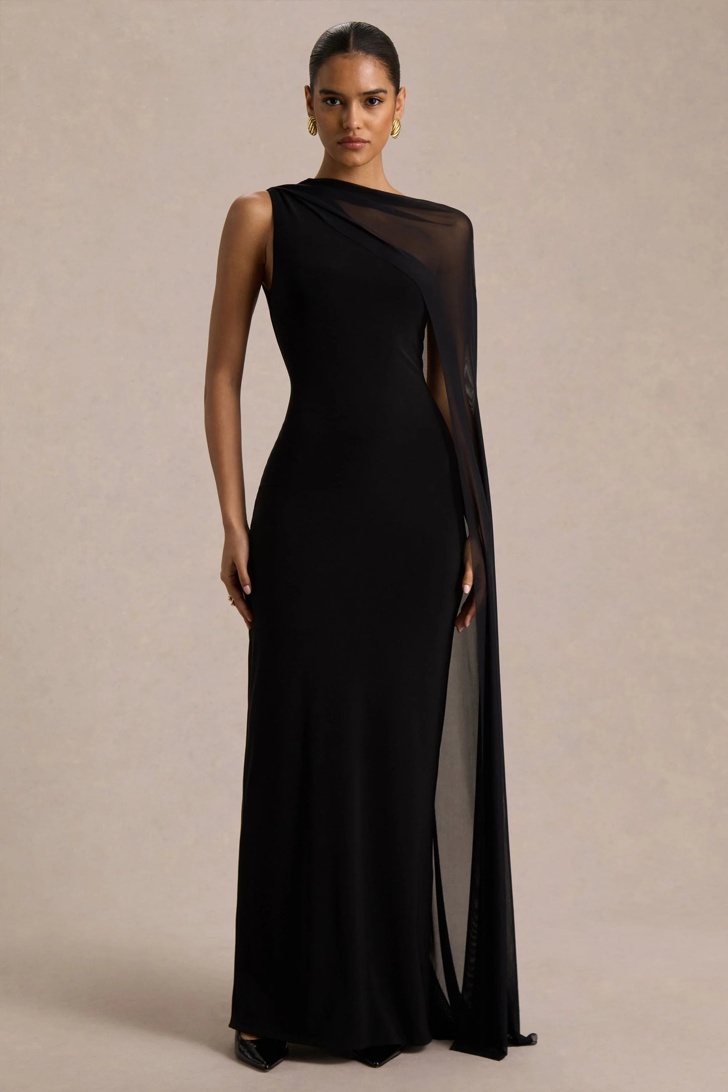Mirelle Black Asymmetric-Neck Maxi Dress With Sheer Cape-Sleeve