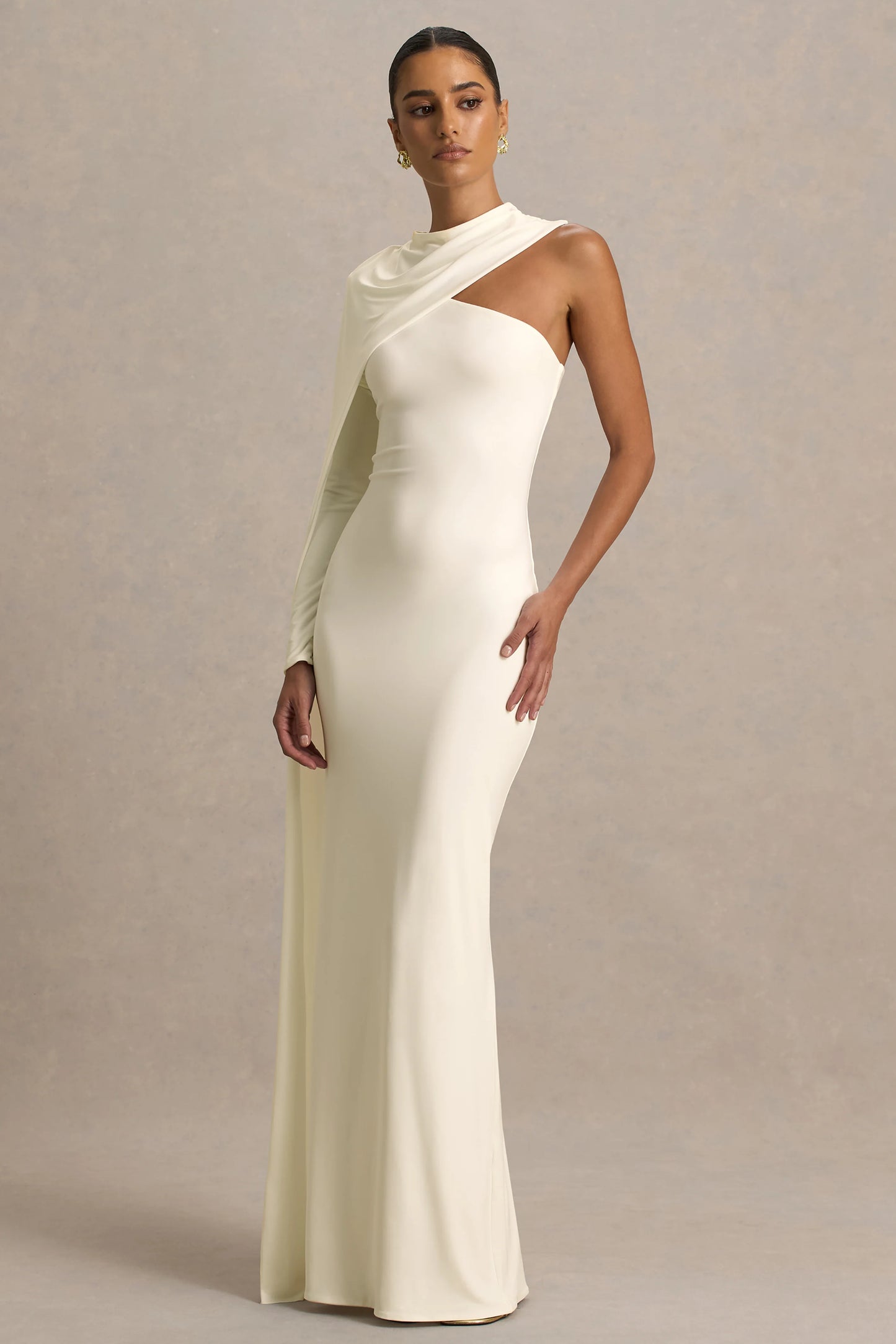 Dawn Cream High-Neck Maxi Dress With One Long Cape-Sleeve