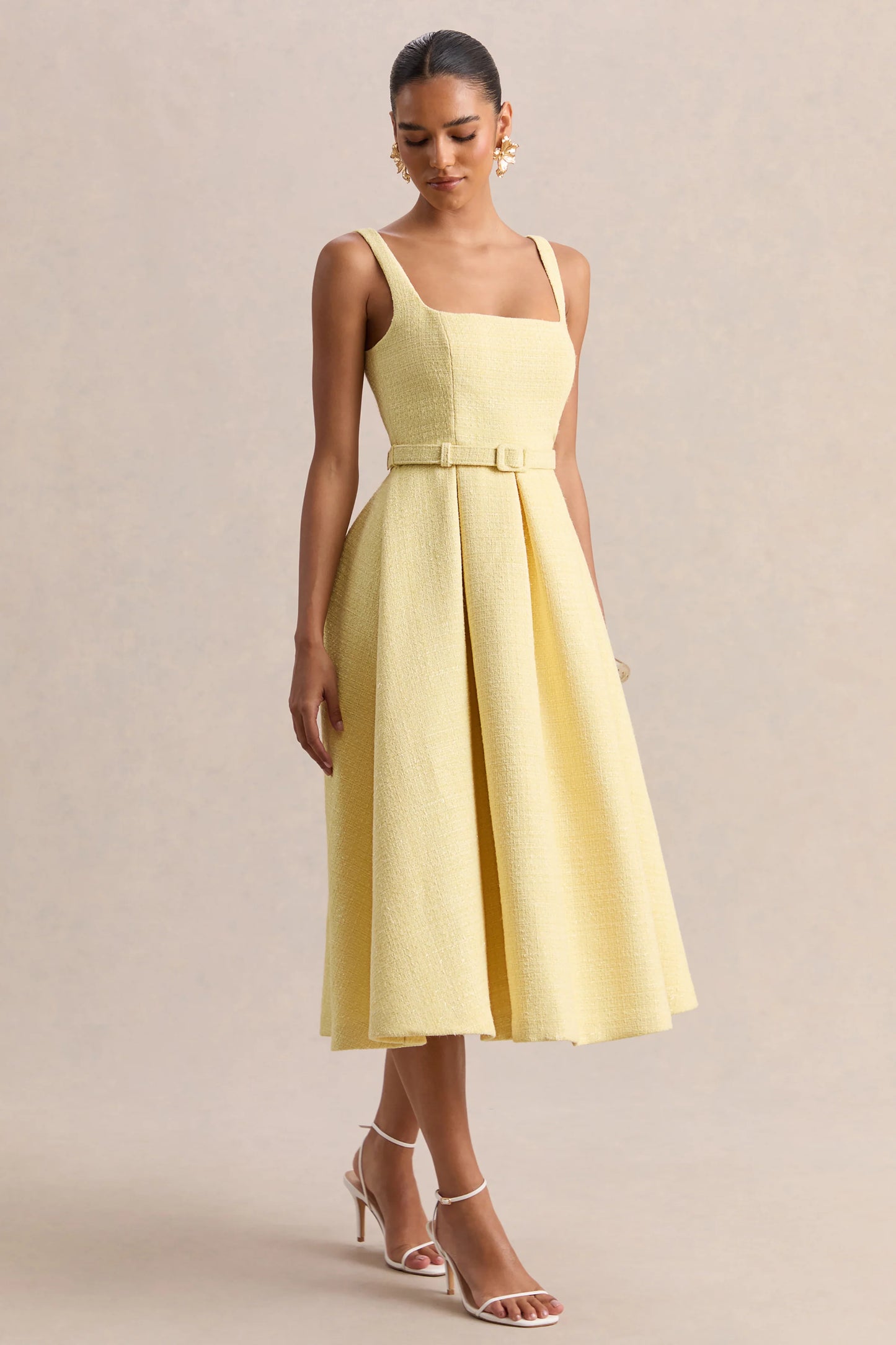 Camoria Lemon Boucle Square-Neck Midi Dress