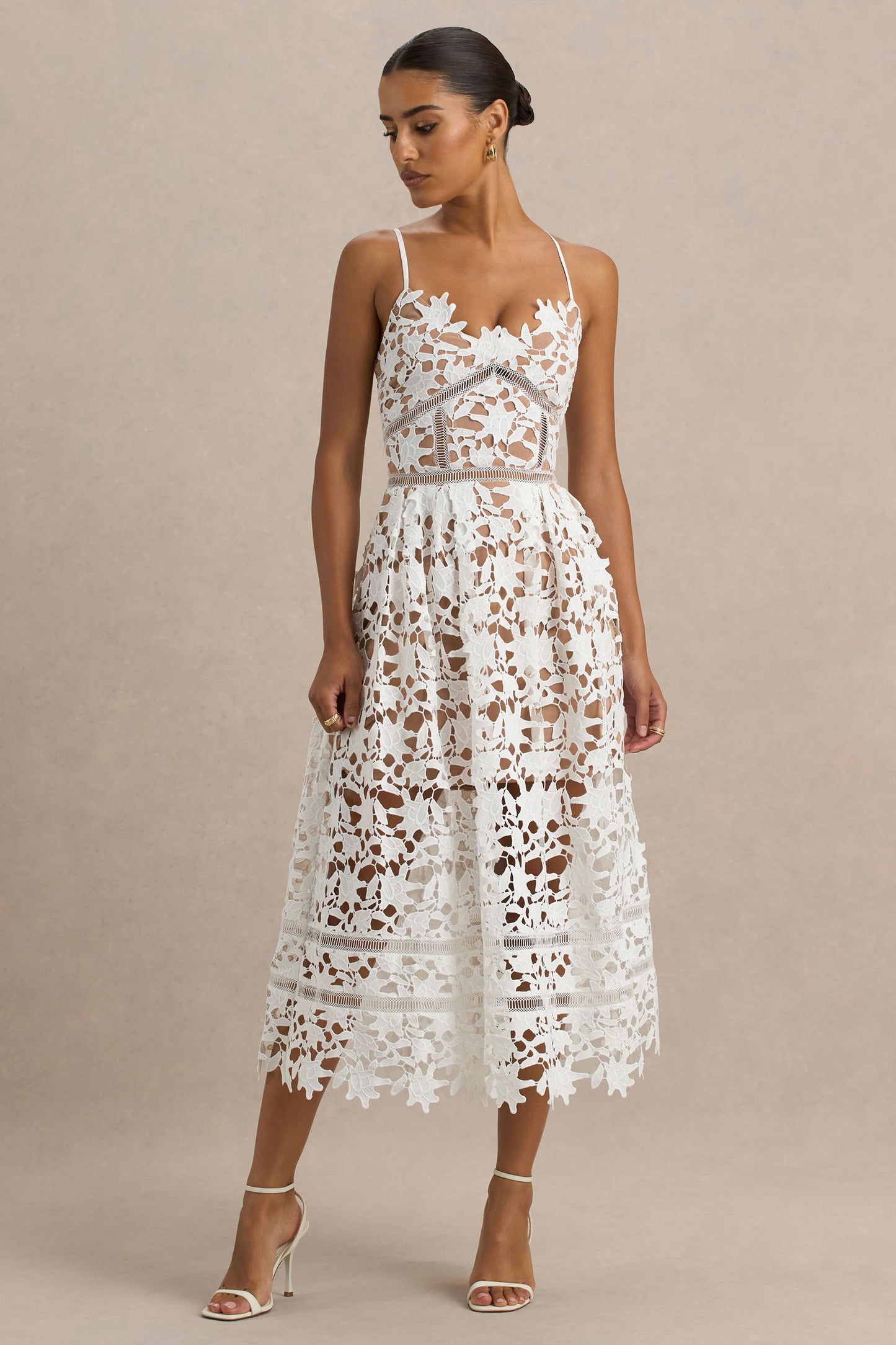 Zuri White Lace Sweetheart Midi Dress With Cami Straps