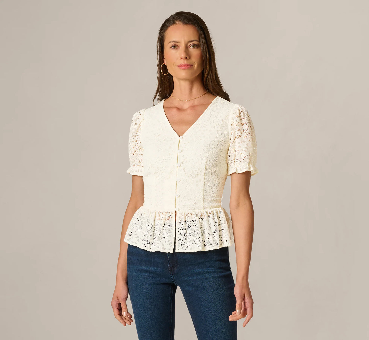 Puff Sleeve Lace Ruffle Peplum Top In Ivory