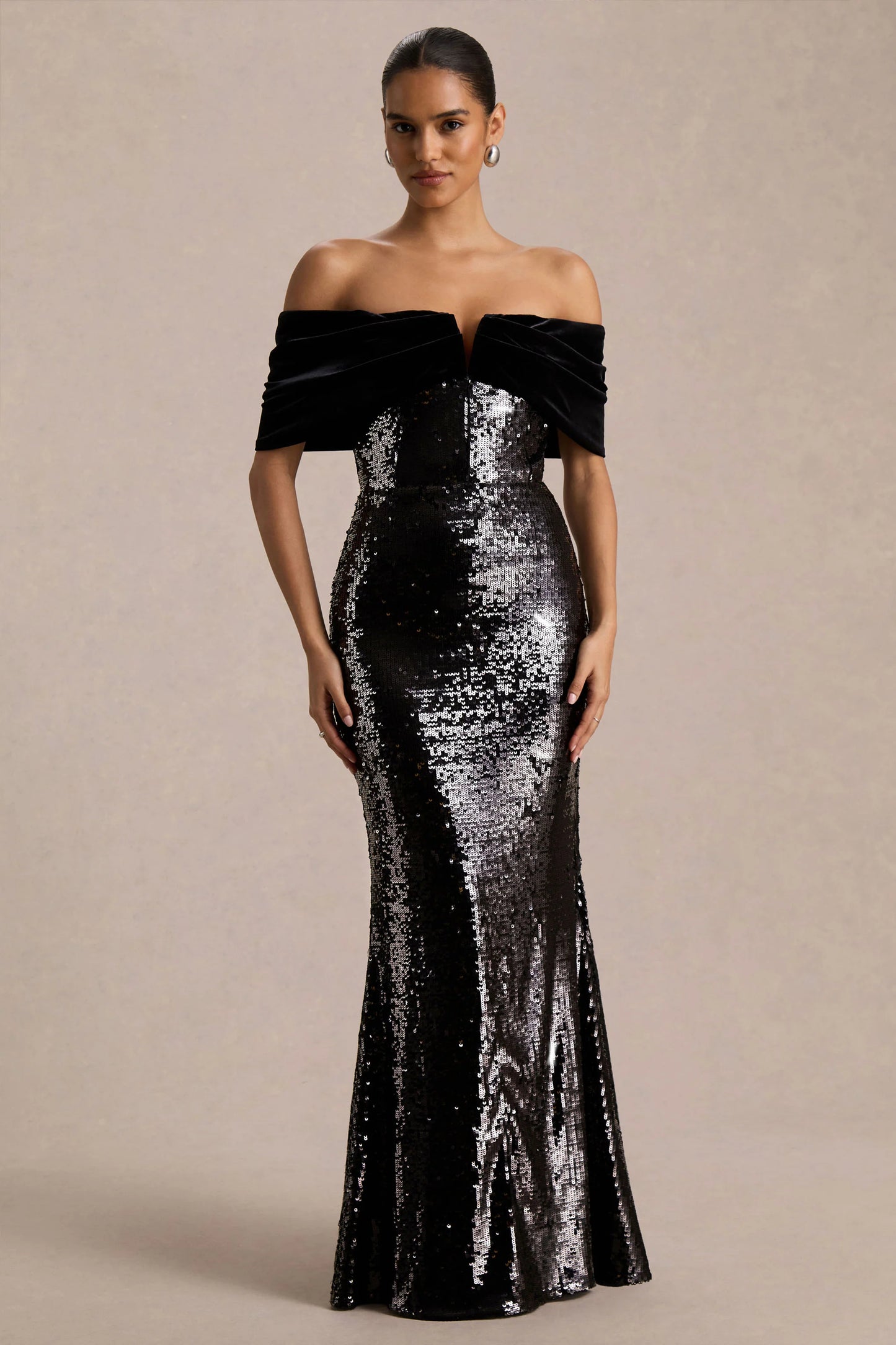 Bex Black Sequin And Velvet Bardot-Neck Maxi Dress