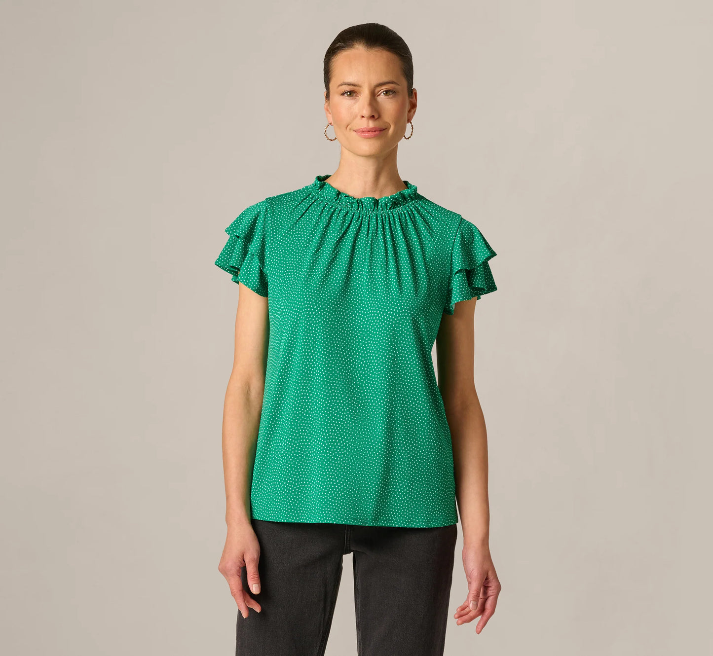 Double Flutter Sleeve Ruffle Neck Top In Vivid Green Broken Dot