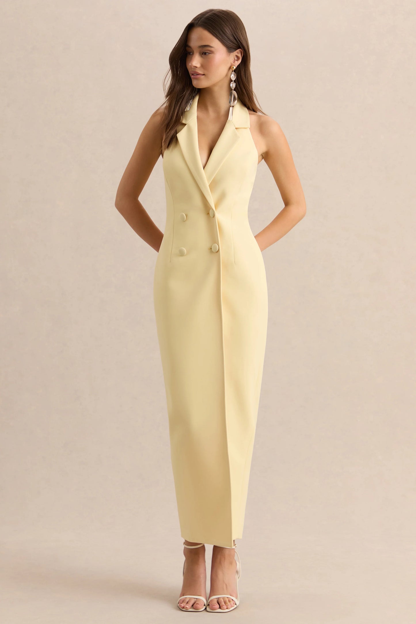 Hana Lemon Plunge-Neck Tailored Maxi Dress