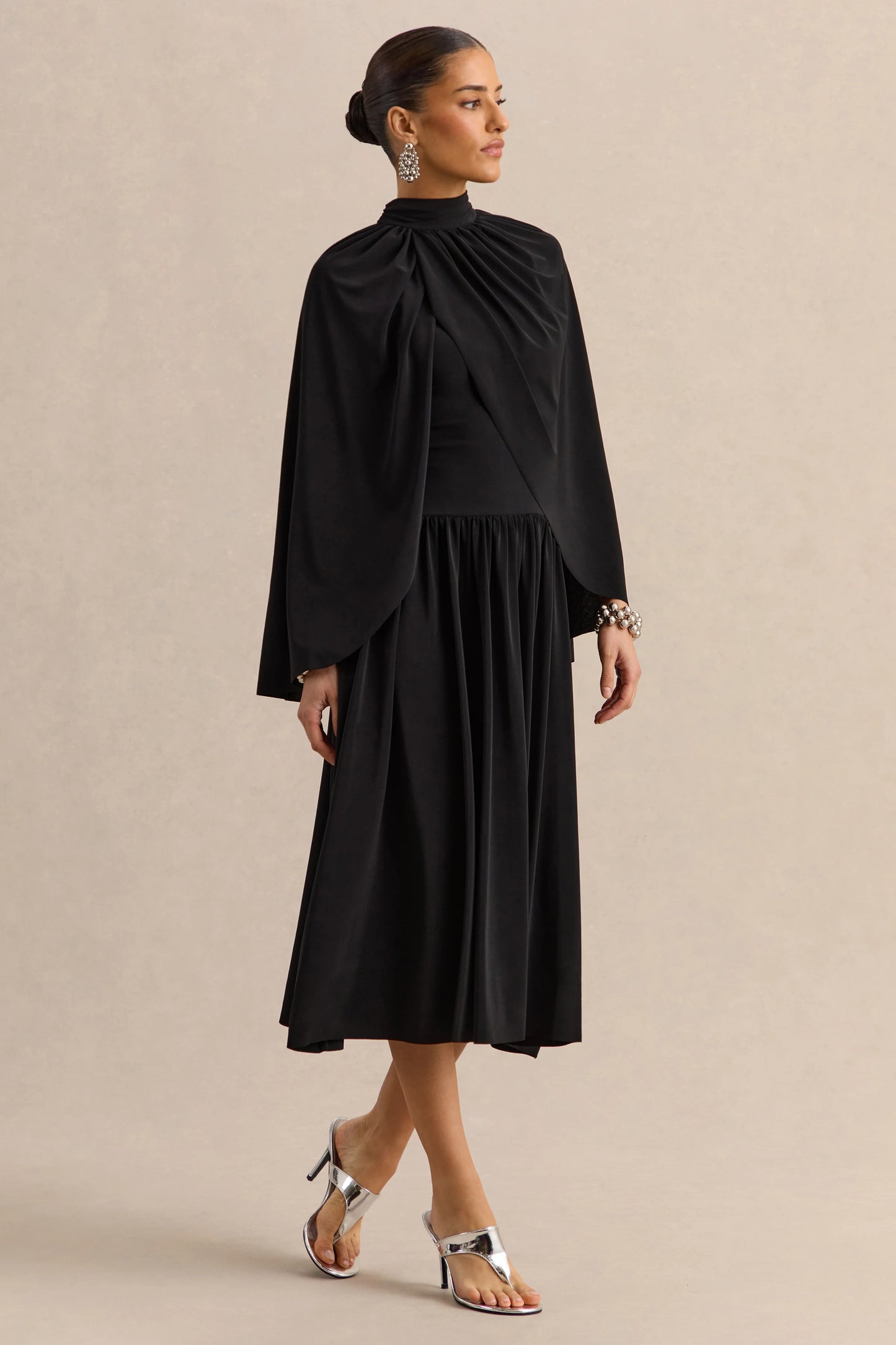 Honora Black High-Neck Midi Dress With Cape-Sleeves