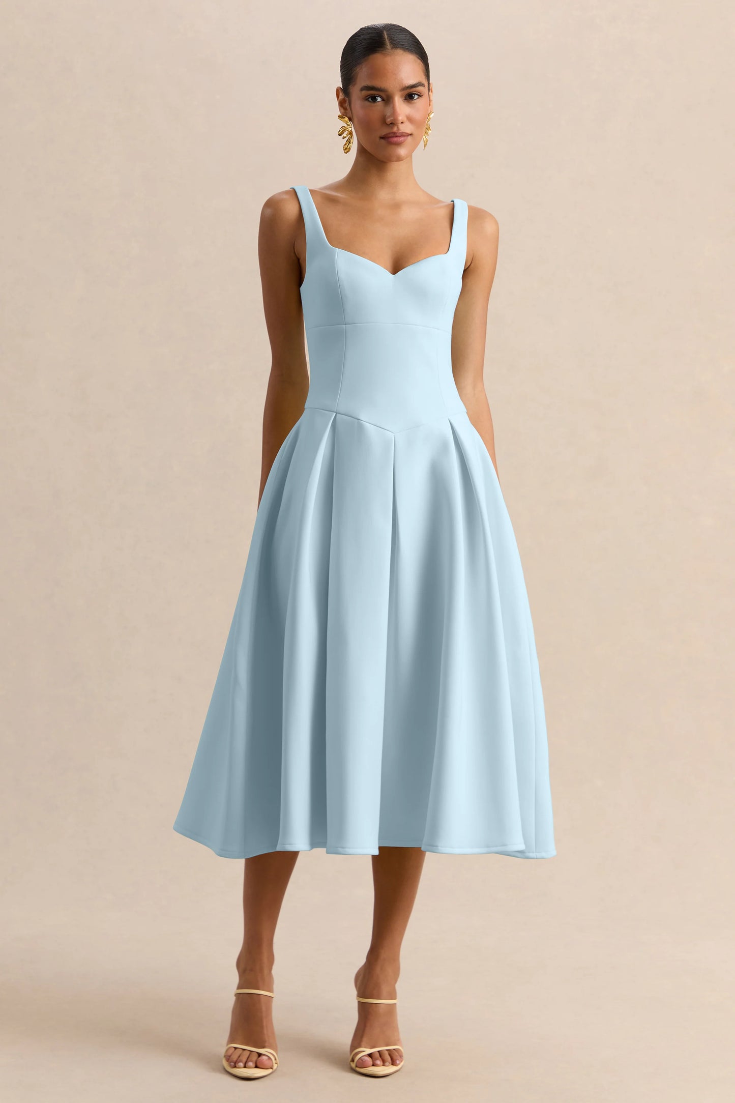 Greta Powder-Blue Sweetheart-Neck Midi Dress