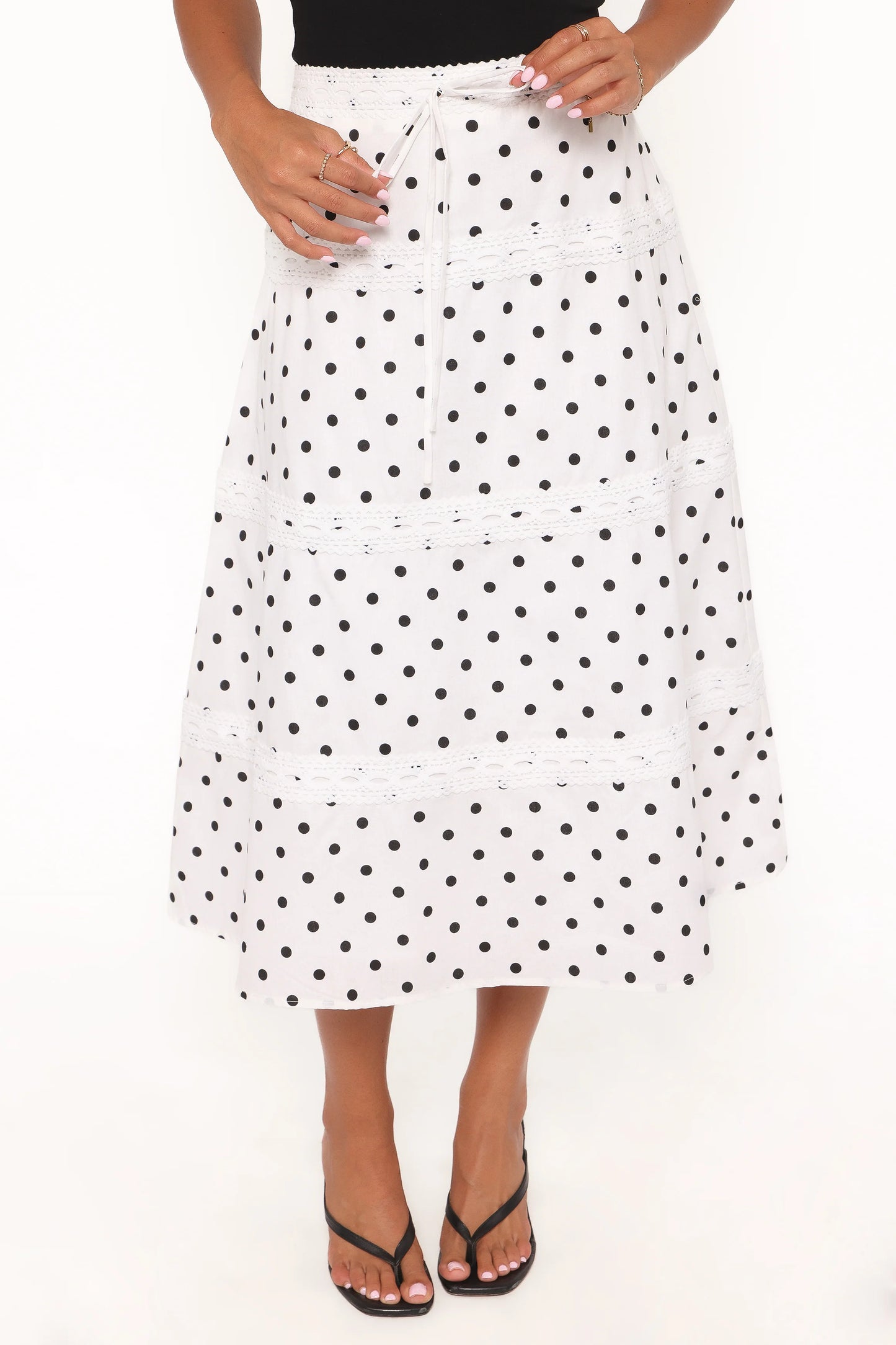 Lucia Tiered Midi Skirt - White Polka Dot