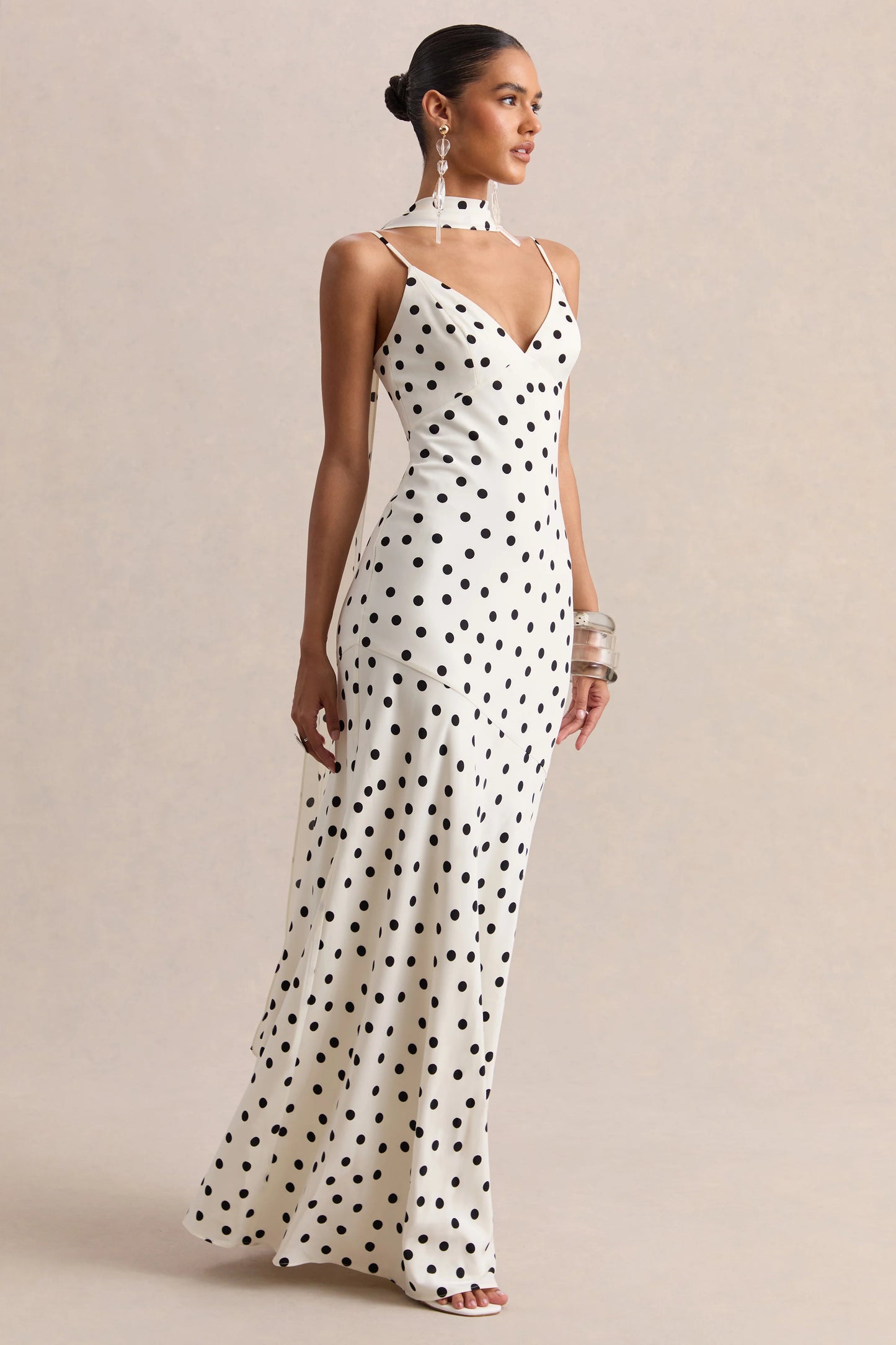 Starling White & Black Polka Dot Matte Satin Plunge-Neck Maxi Dress With Scarf-Detail