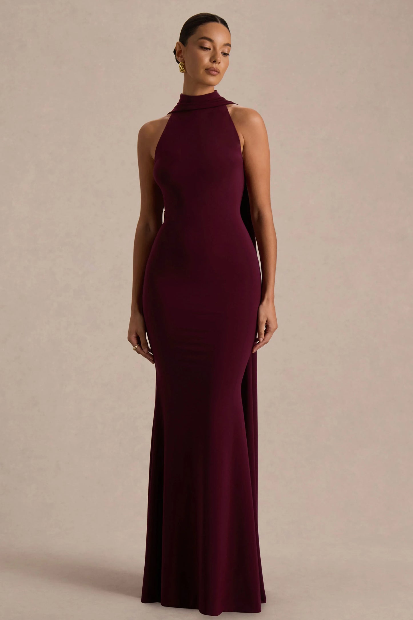 Cordy Burgundy High-Neck Maxi Dress With Scarf-Detail