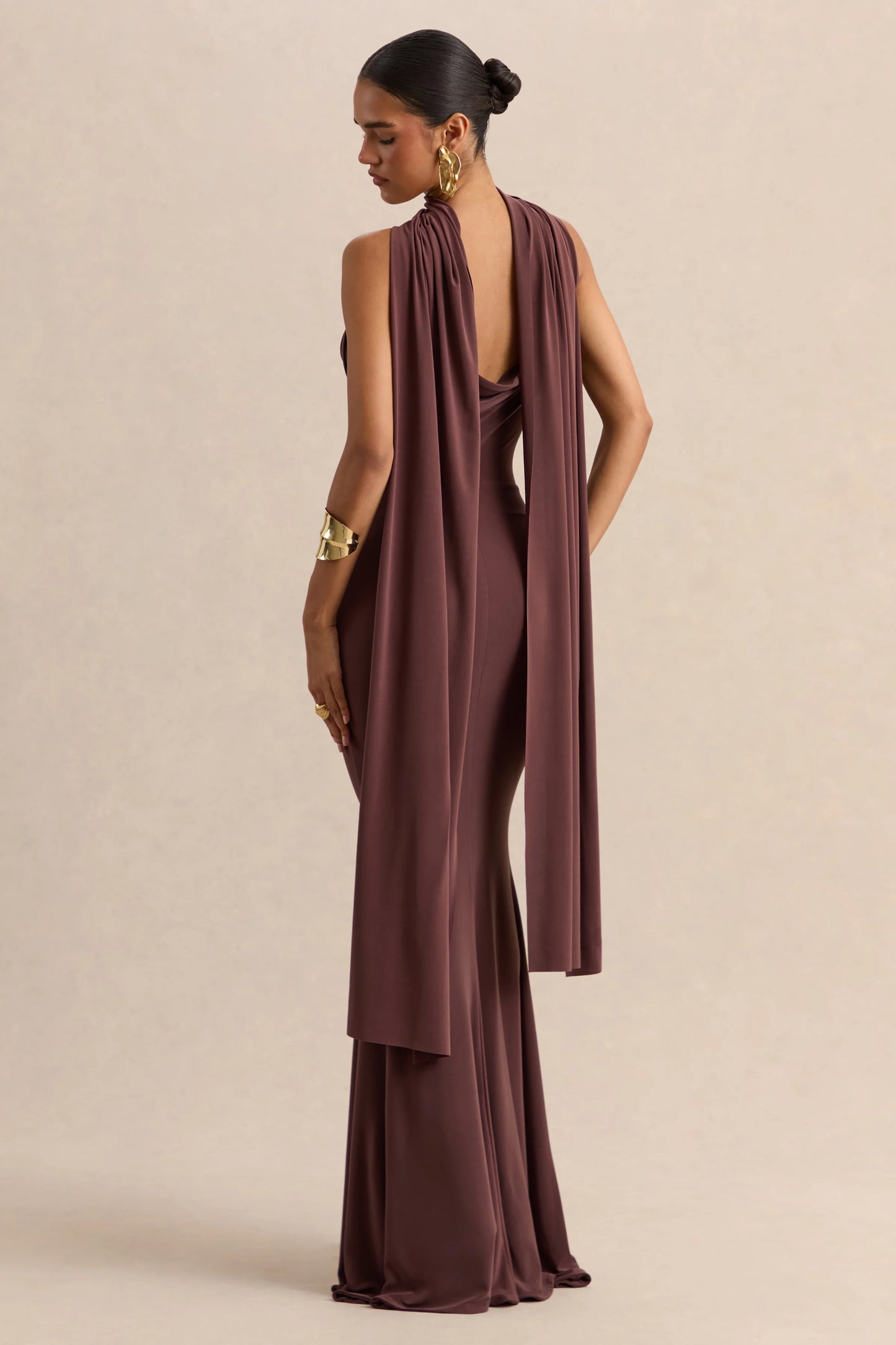 Armelia Brown Cowl-Neck Maxi Dress With Scarf-Detail