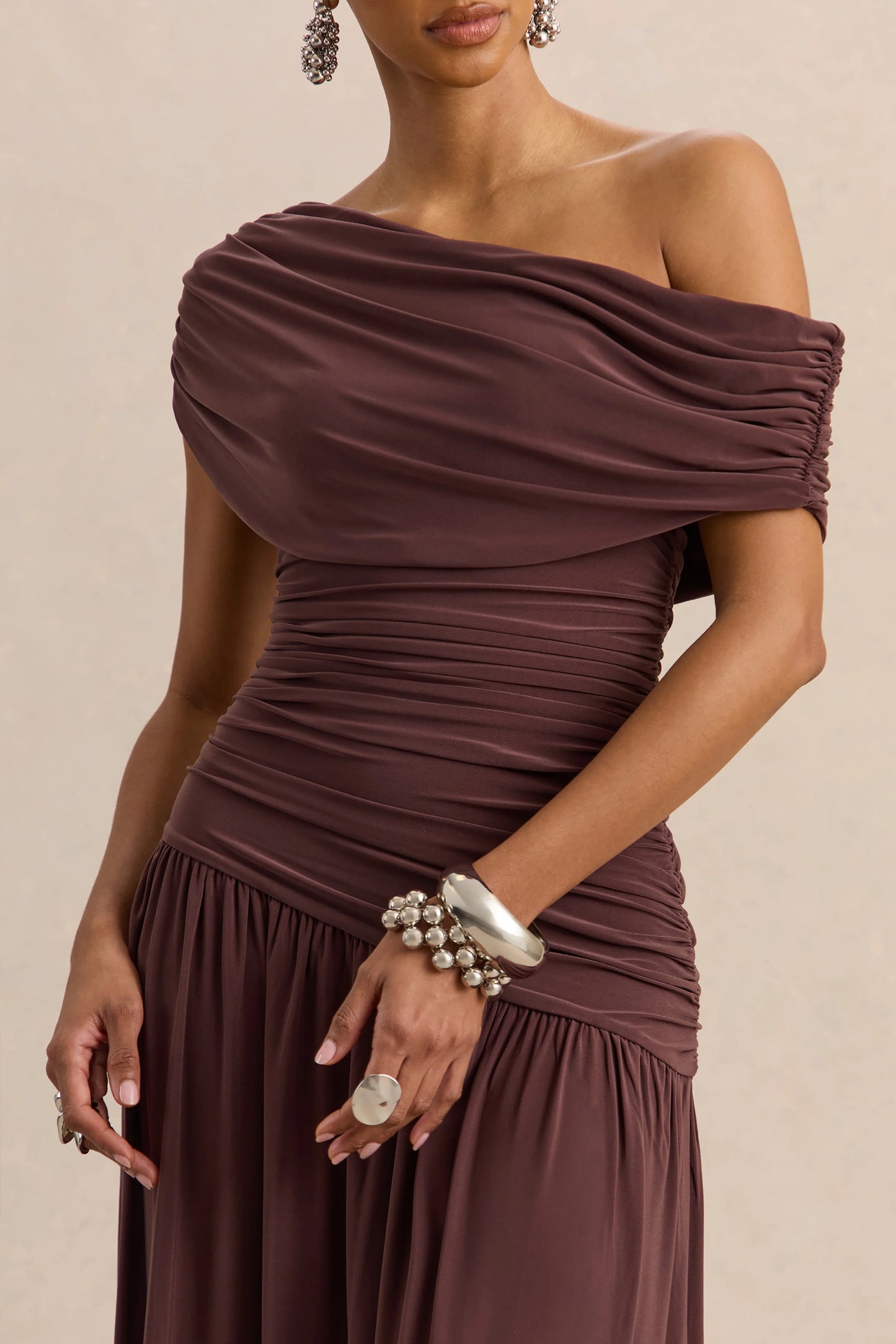 Emberly Brown Draped Asymmetric-Neck Maxi Dress With Drop-Waist