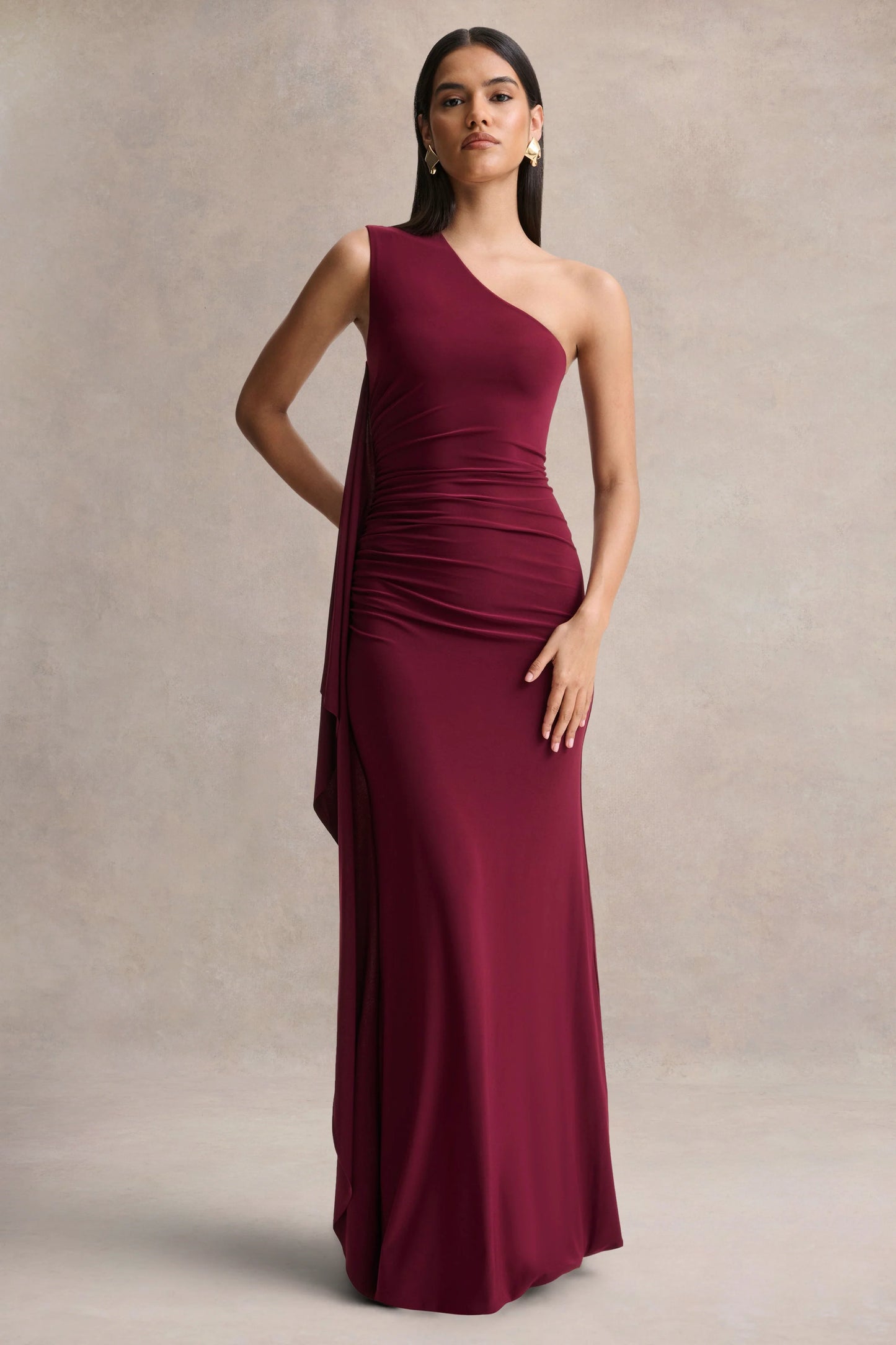 Adelina Burgundy One-Shoulder Maxi Dress With Drape