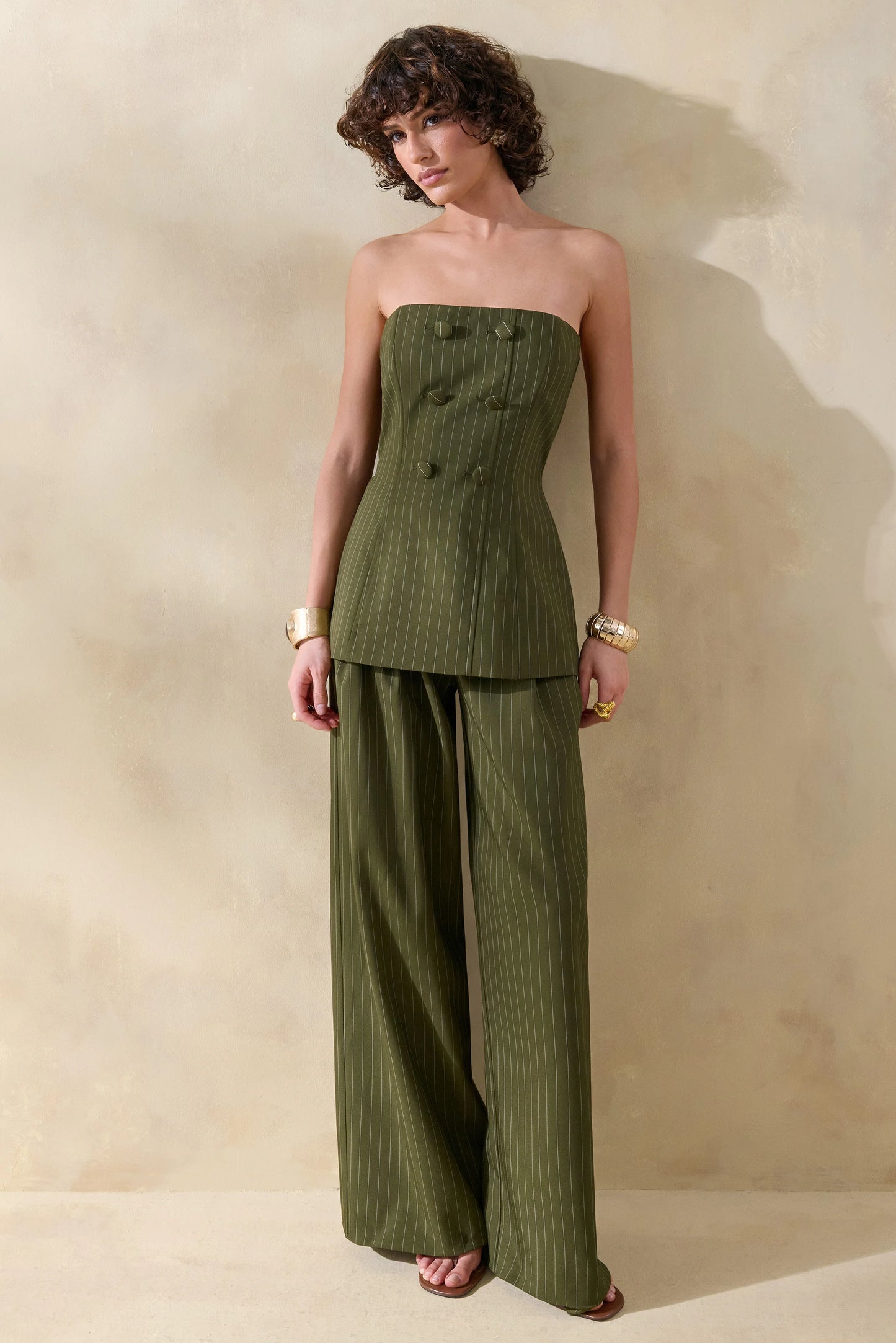 Hesper Olive Pinstripe Wide-Leg Tailored Trouser