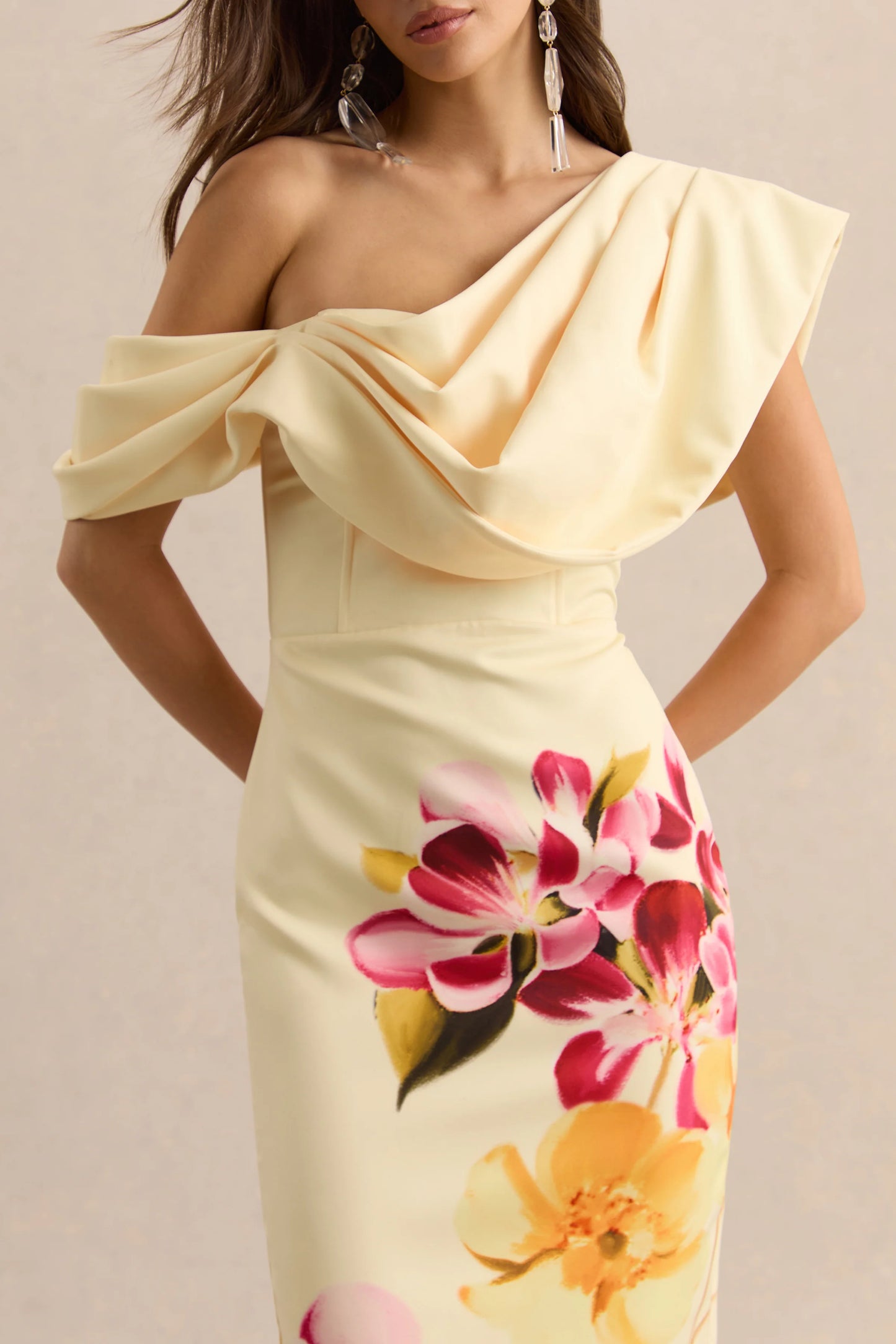 Adrina Hot Pink & Lemon Floral Print Draped One Shoulder Midi Dress
