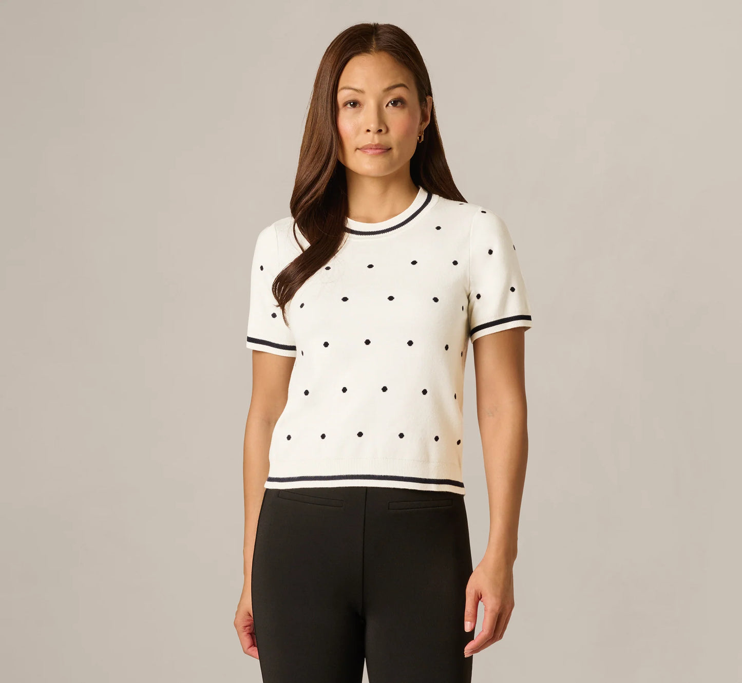 Short Sleeve Chain Patterned Knit Top In Ivory Navy Medium Simple Dot