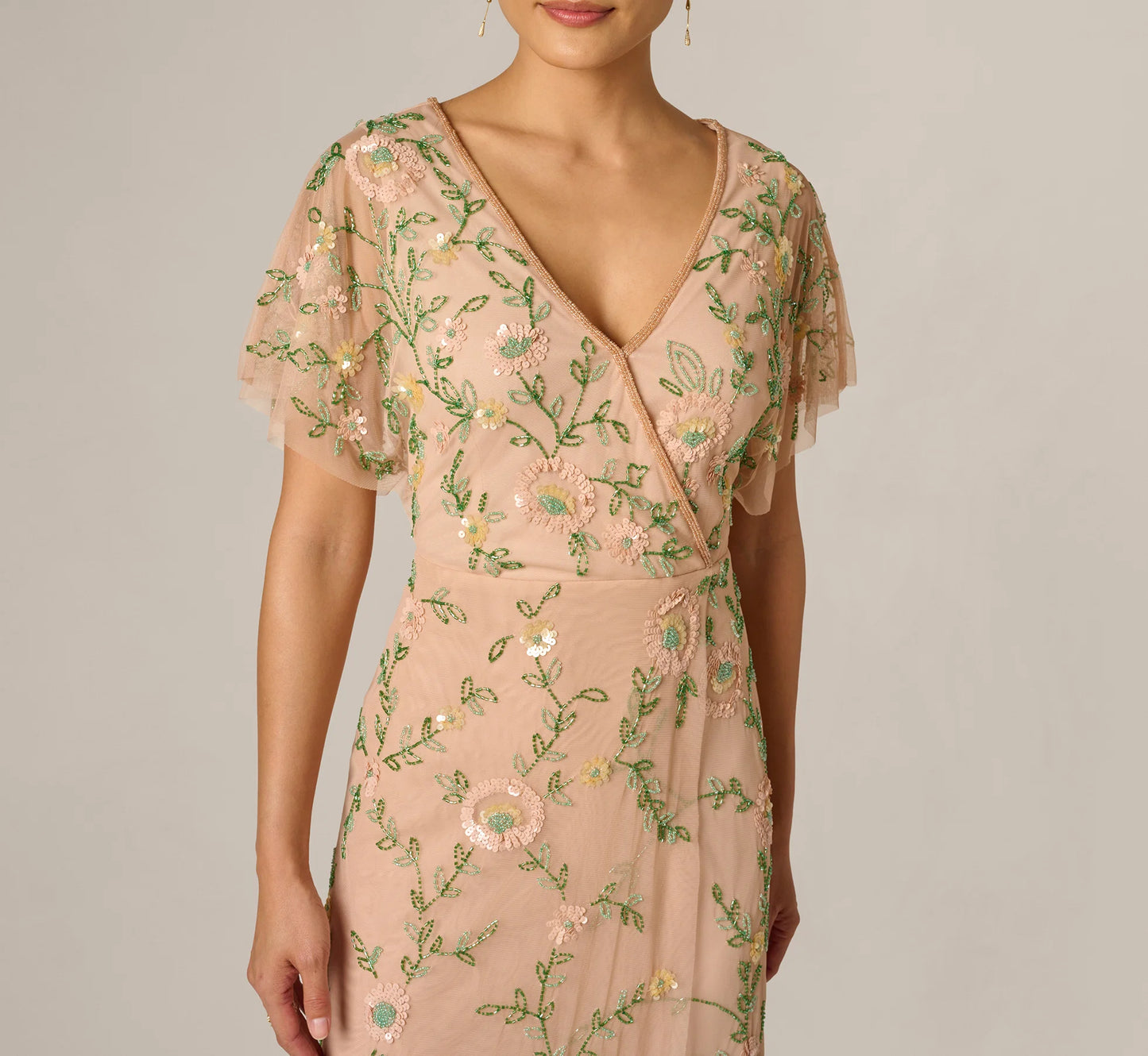 Flutter Sleeve Beaded Wrap Dress In Blush Multi