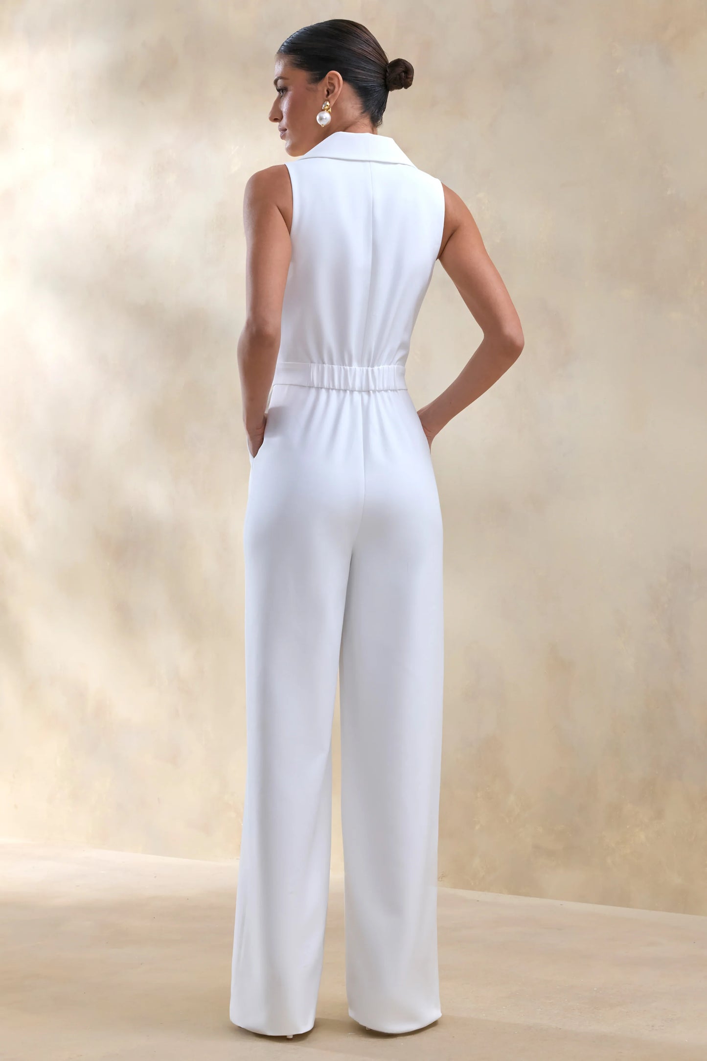 Brillora White Plunge-Neck Tailored Jumpsuit
