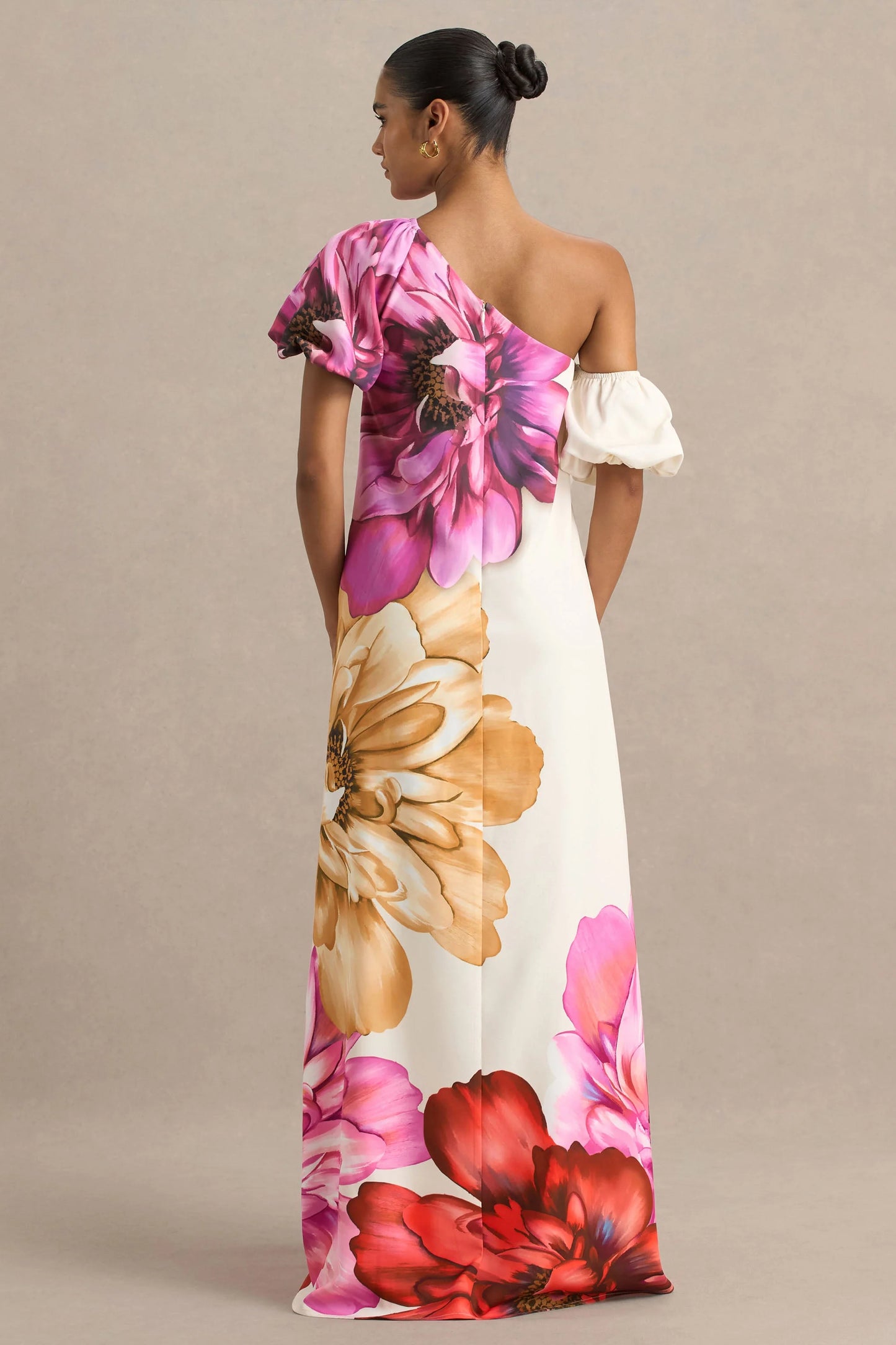 Anastasia Large Multi-Floral Print Asymmetric-Neck Maxi Dress