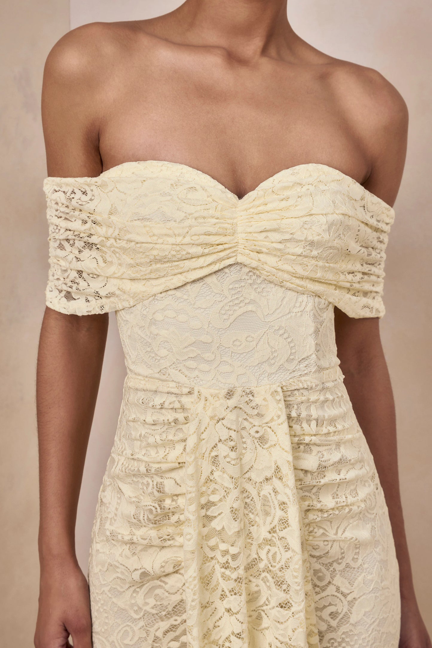 Aries Lemon Lace Bardot-Neck Maxi Dress With Gathered Detailing