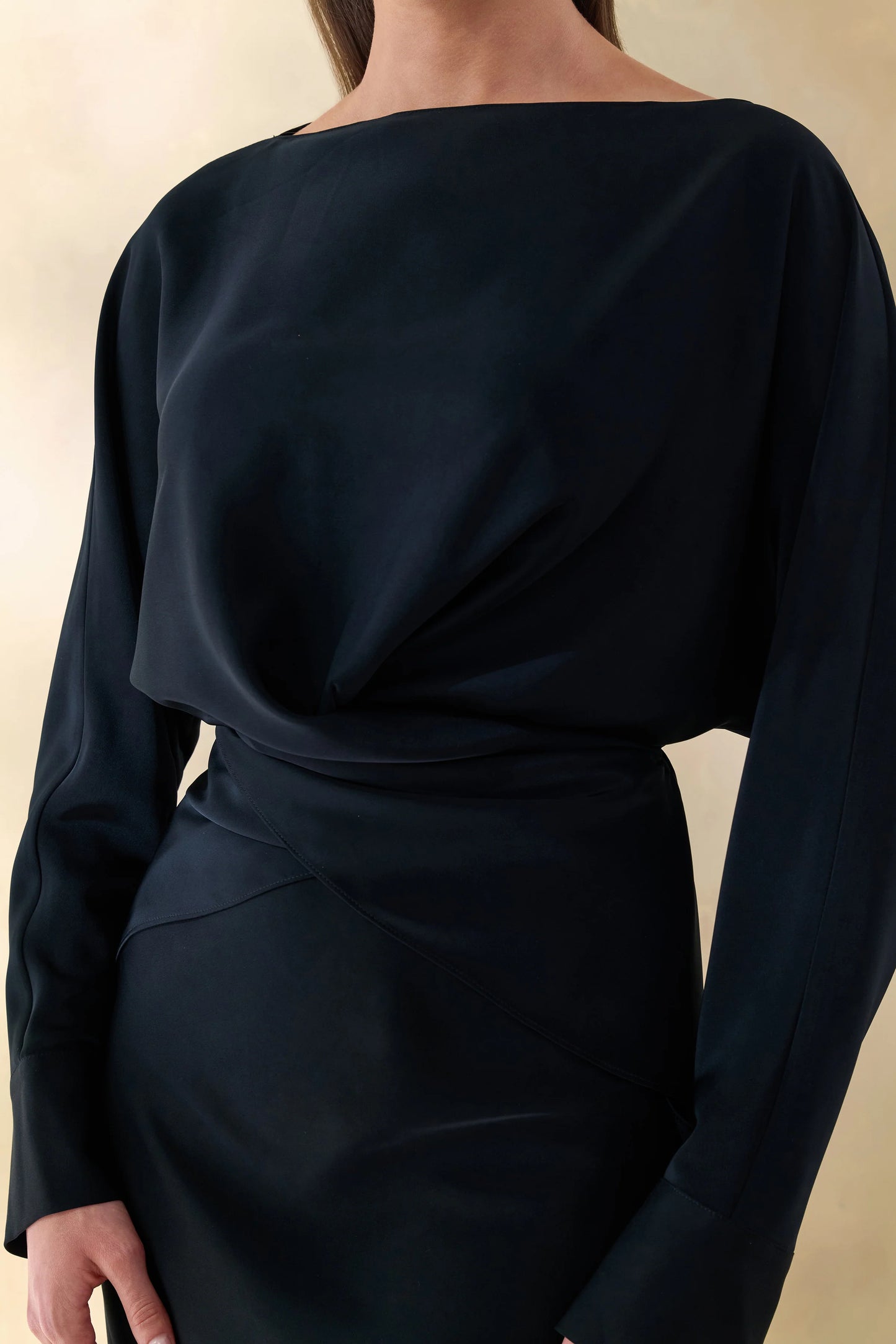 Miravia Black Satin Wide-Neck Long-Sleeve Top