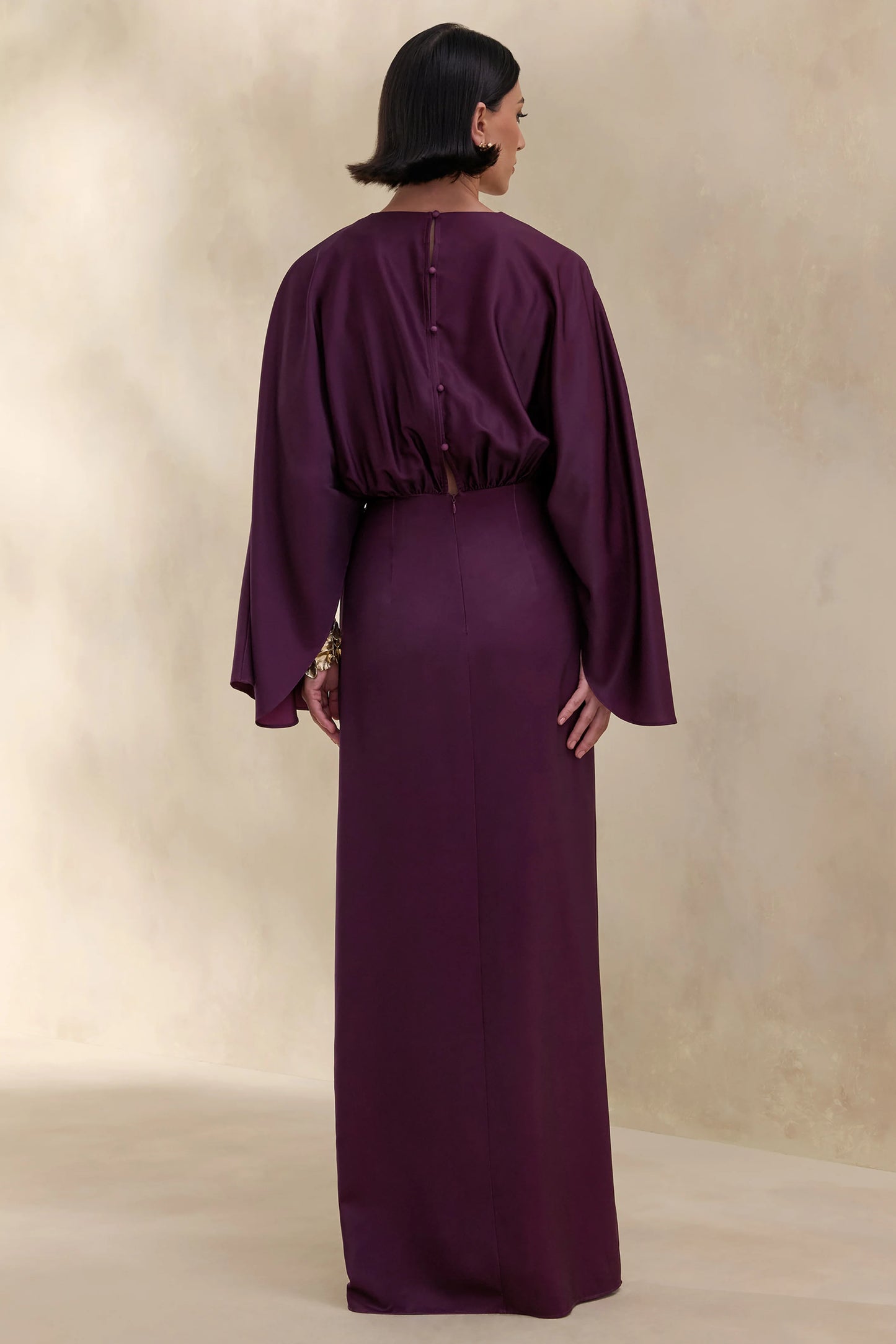 Delphina Plum Satin Maxi Dress With Gathered And Knot-Detail