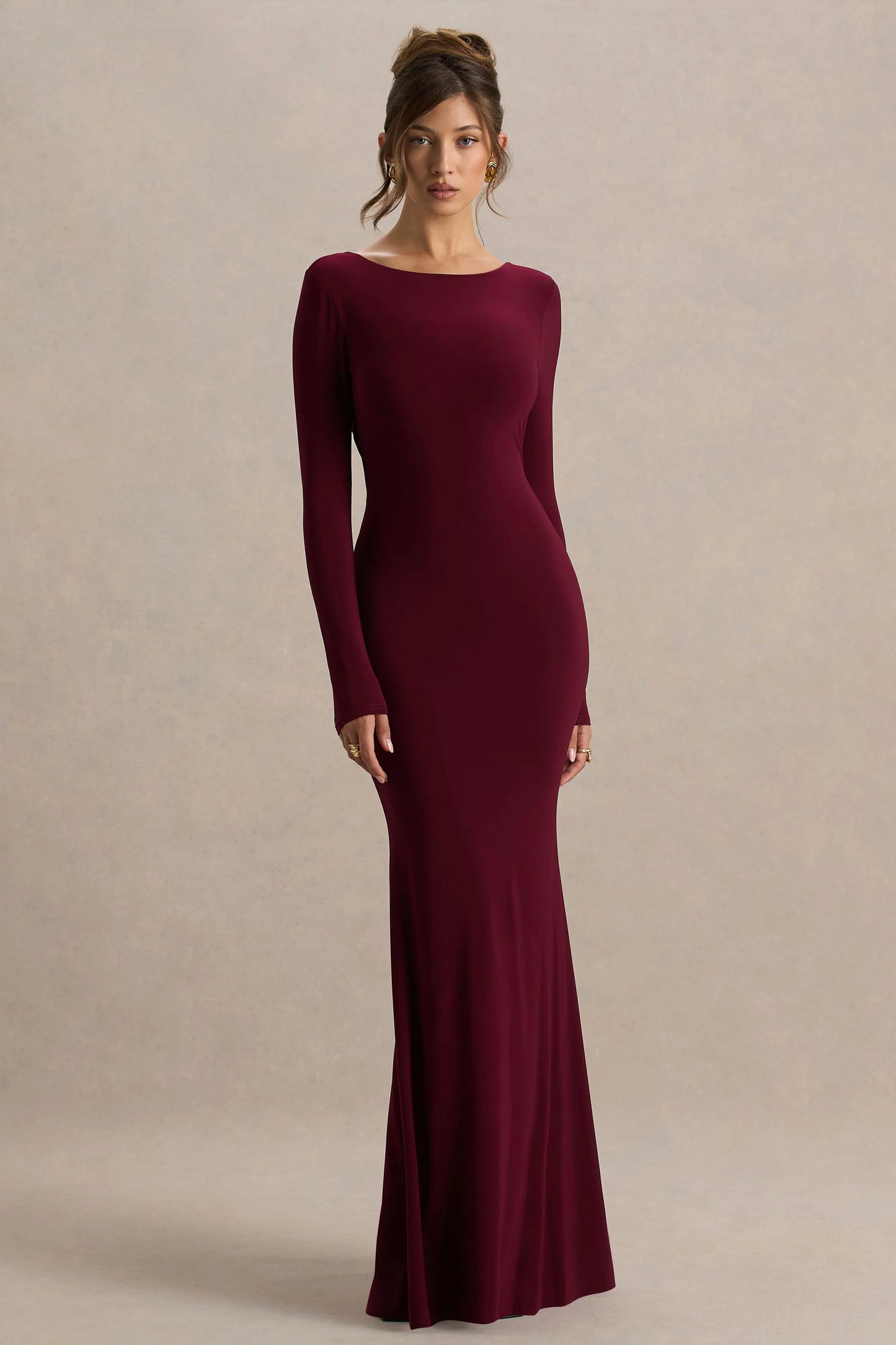 Estelle Burgundy Boat-Neck Maxi Dress With Open-Back And Lace Detail