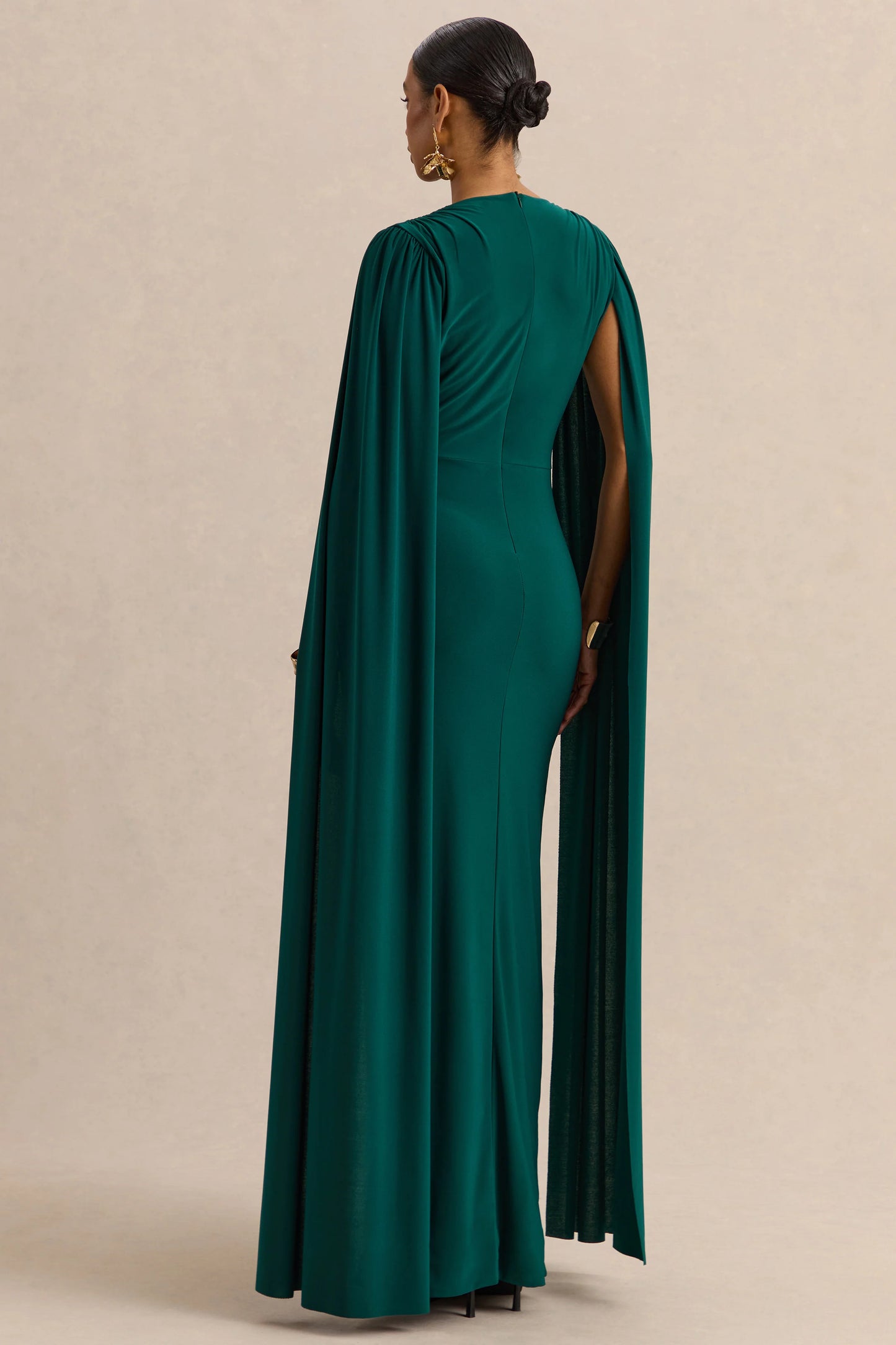 Ulissia Bottle Green V-Neck Maxi Dress With Cape-Sleeves