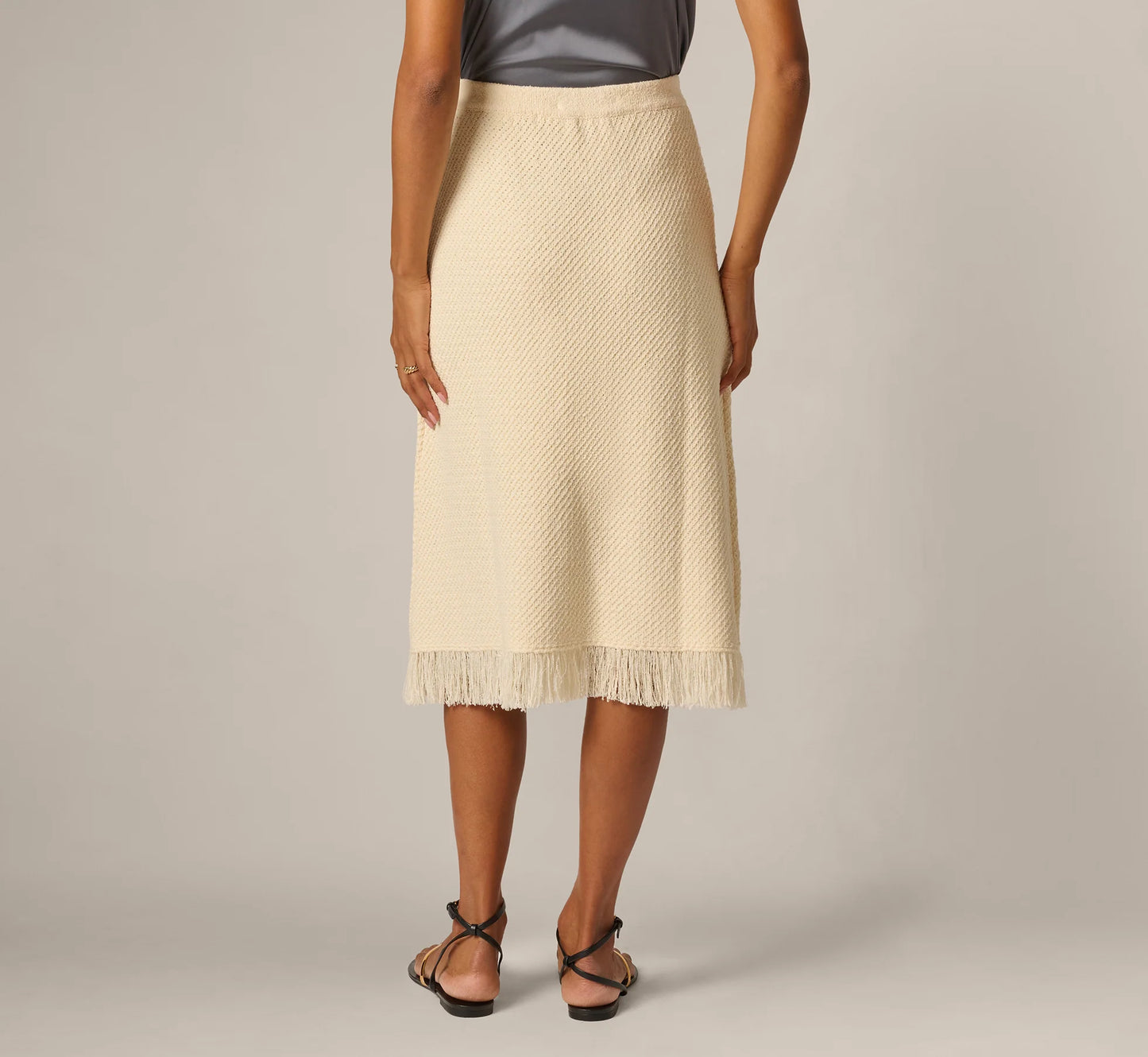 Textured Knit Fringe Midi Skirt In Cream