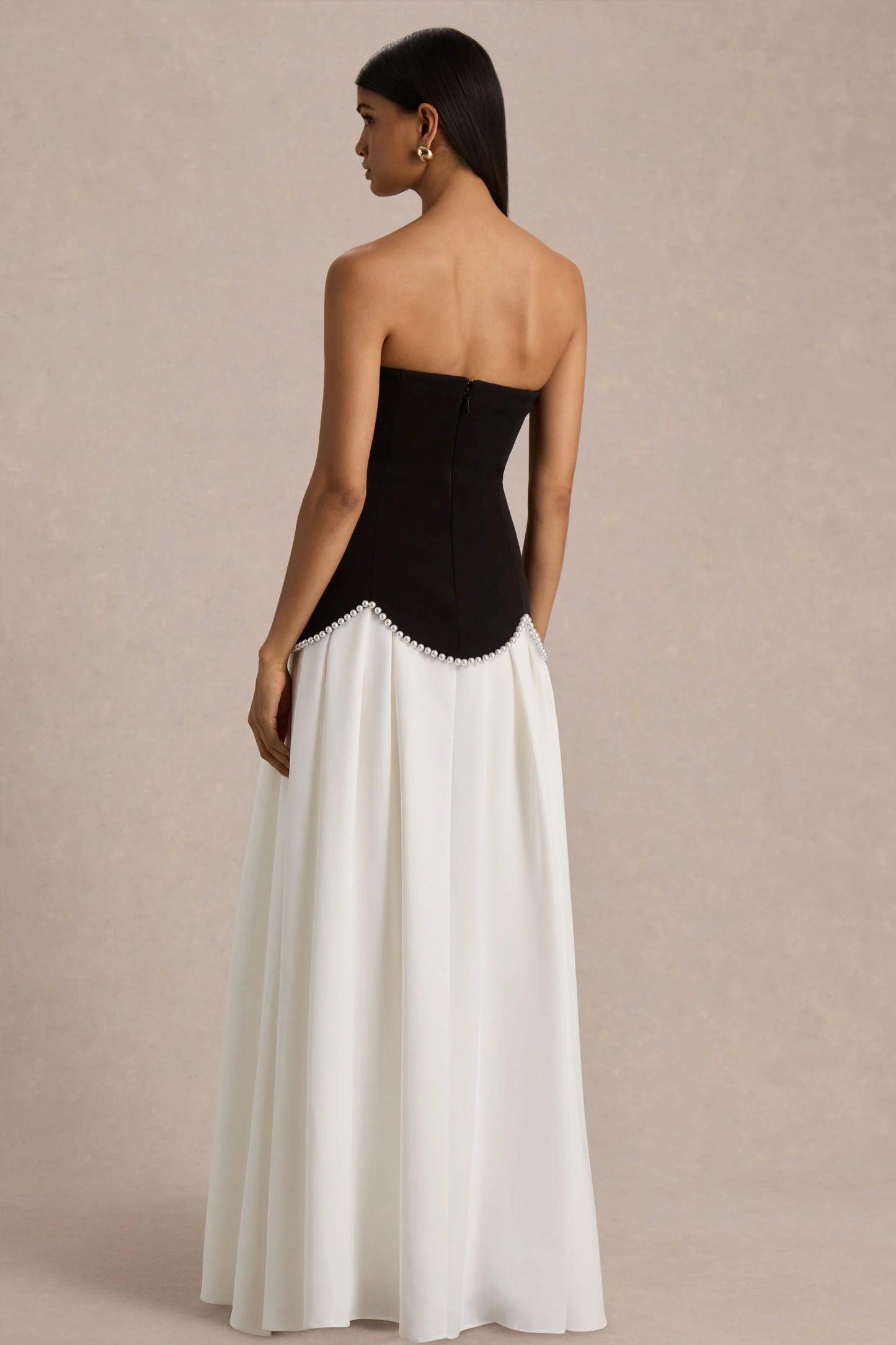 Wendy Black And White Maxi Dress With Drop-Waist And Pearl Embellishment