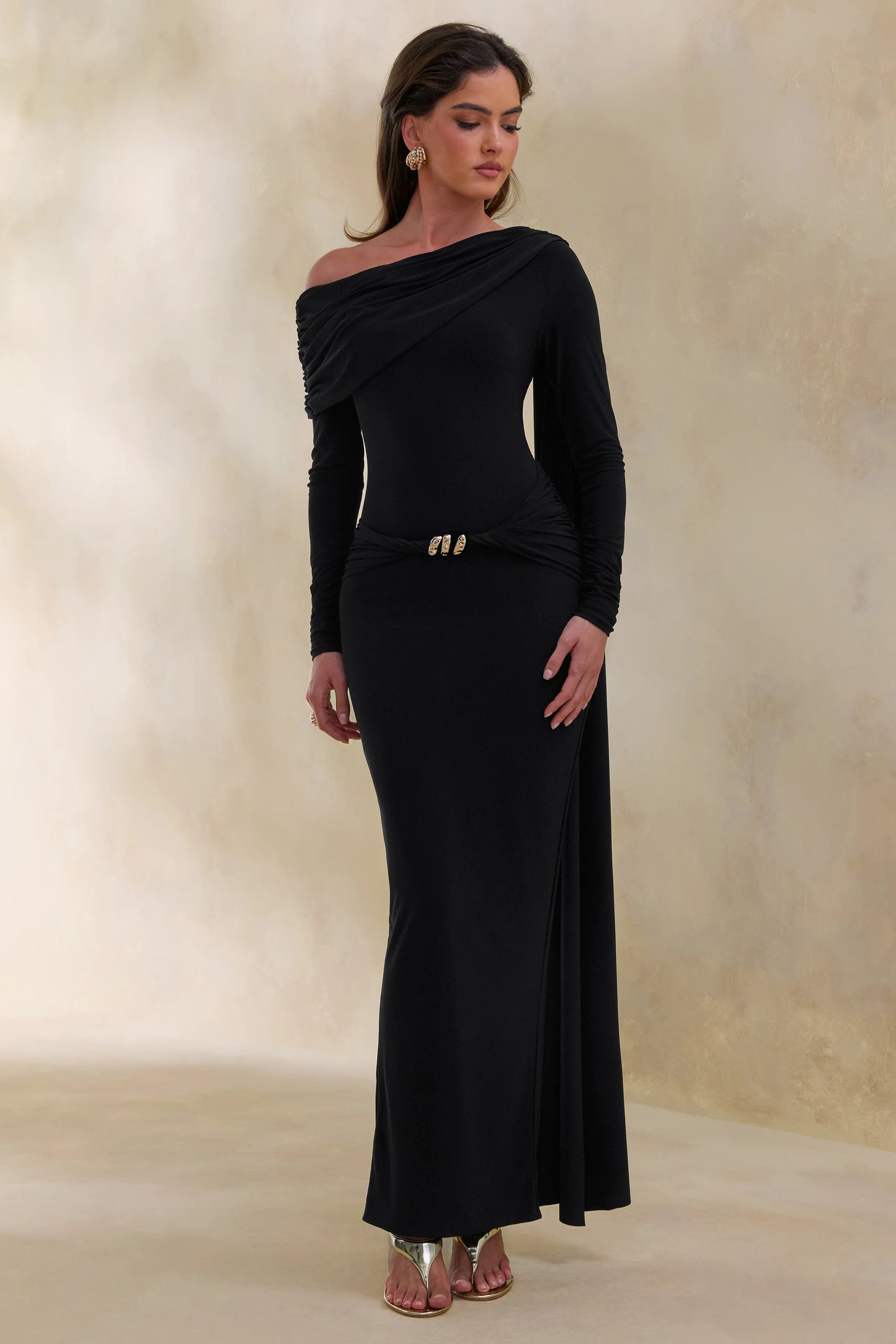 Bessy Black Asymmetric-Neck Maxi Dress With Gathered-Detailing And Sash
