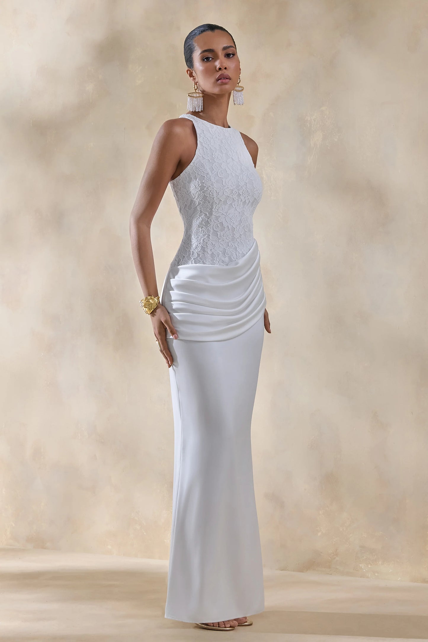 Neria White Satin And Lace Crew-Neck Maxi Dress With Draped Wrap-Skirt