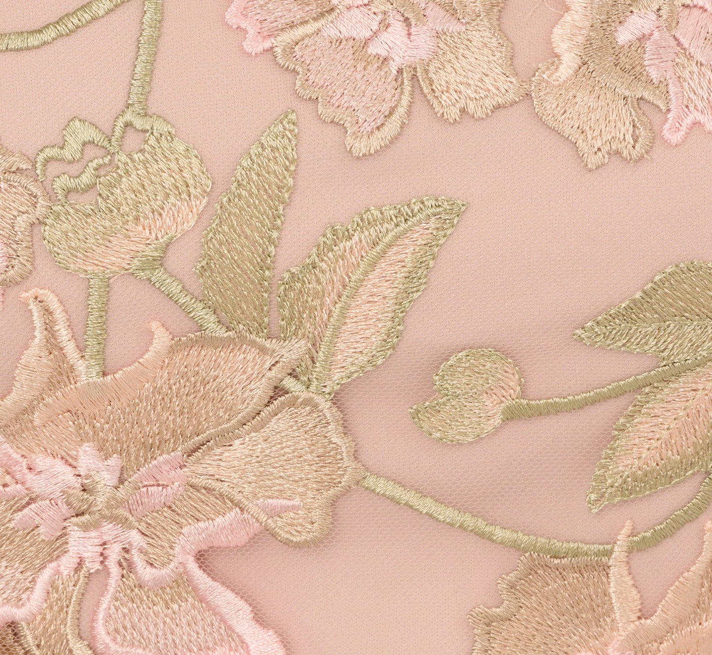 Short Sleeve Floral Embroidered Gown With Ribbon Tie Waist In Blush Nude Multi