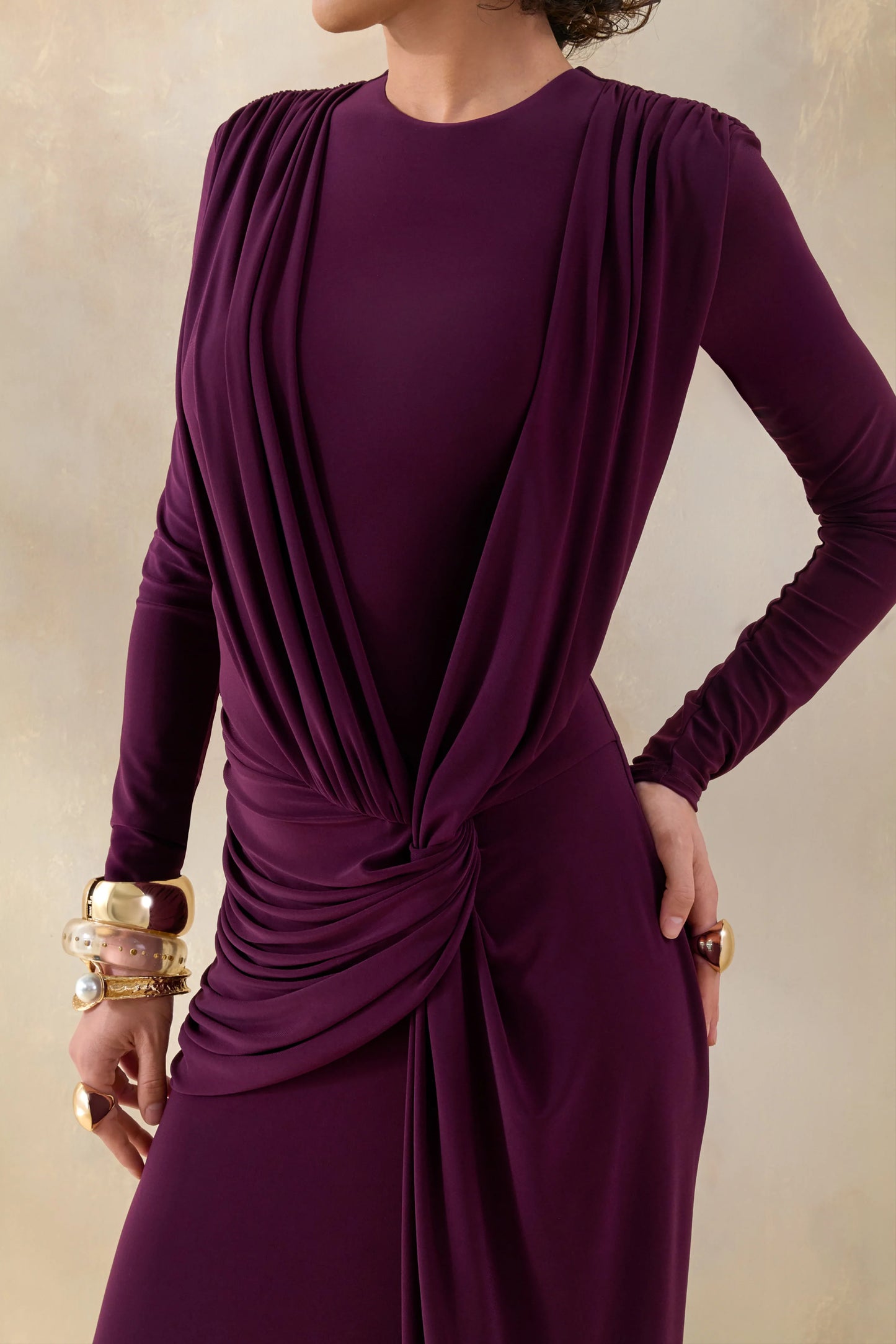 Desirelle Plum Crew-Neck Maxi Dress With Gathered-Detailing